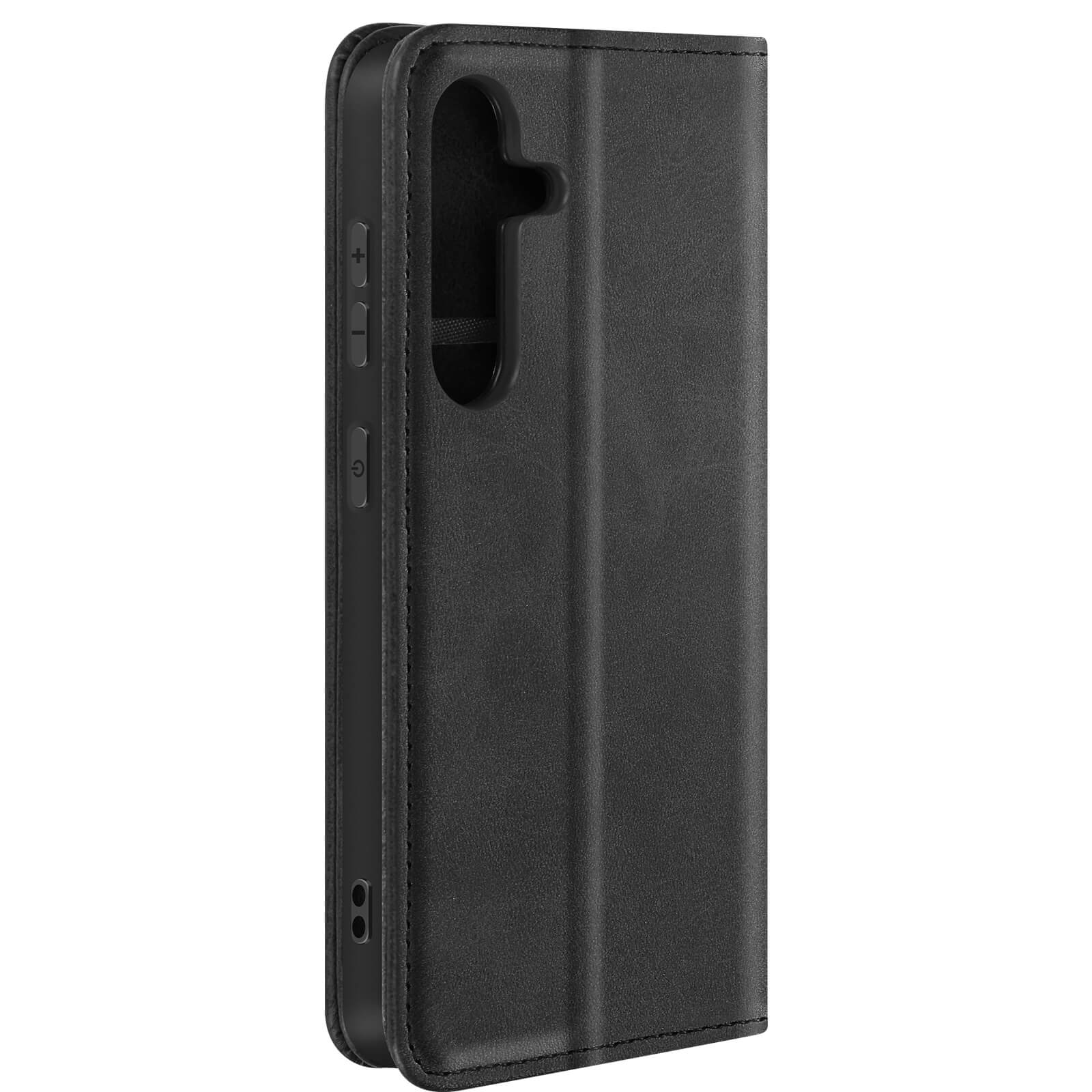 Custodia per telefono nera, chiusa, con lato visibile con bottoni e texture in pelle.