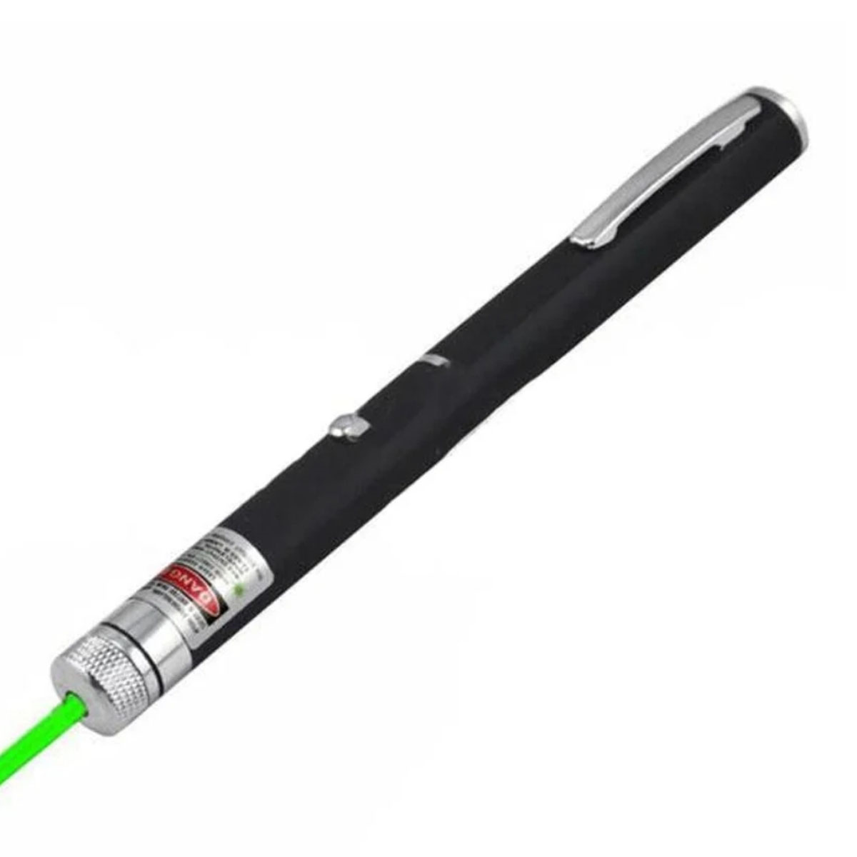 Schwarzer Laserpointer mit grünem Laserstrahl, der nach links zeigt.
