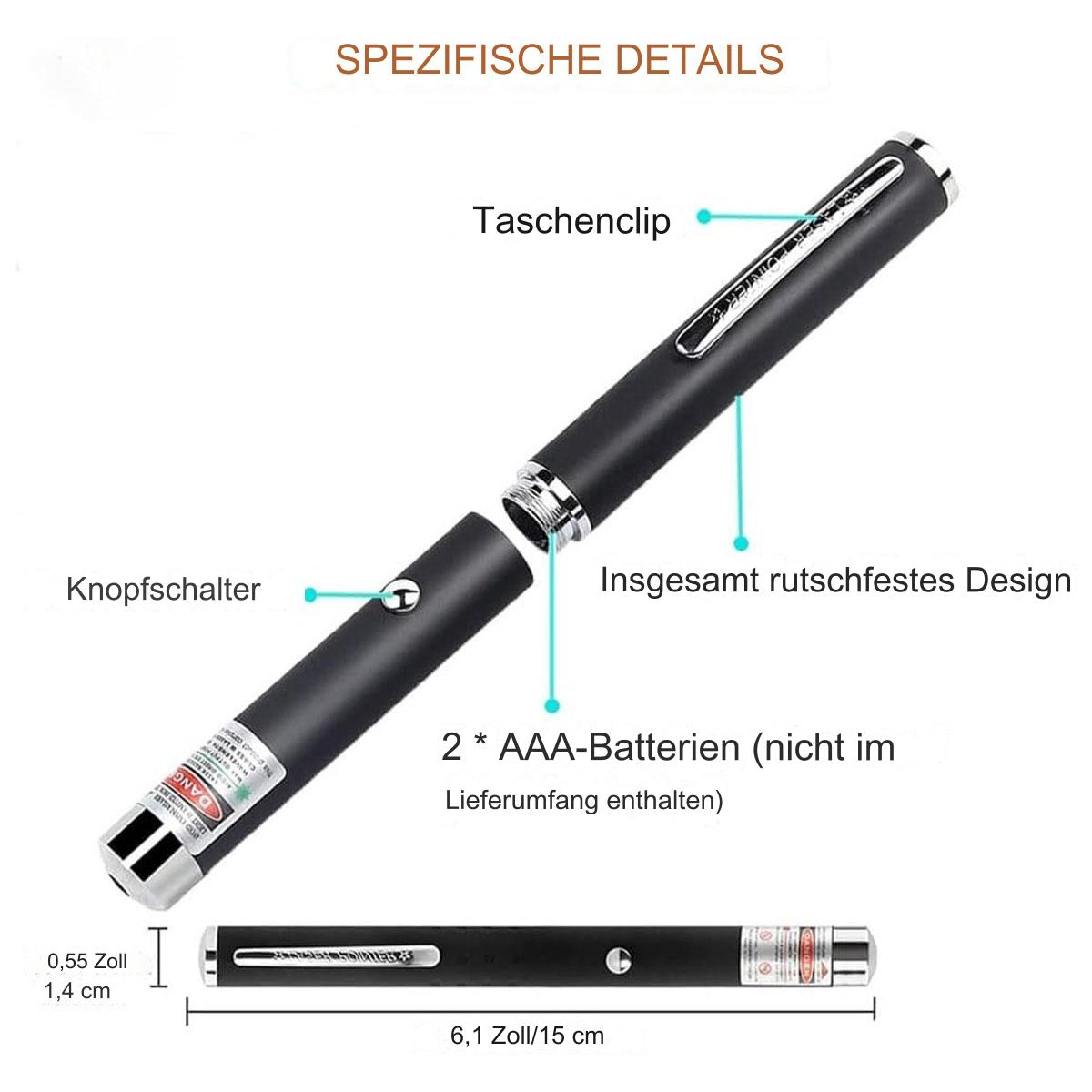 Schwarzer Laserpointer mit Etiketten. Explosionsansicht zeigt Innenteile. Weißer Hintergrund.