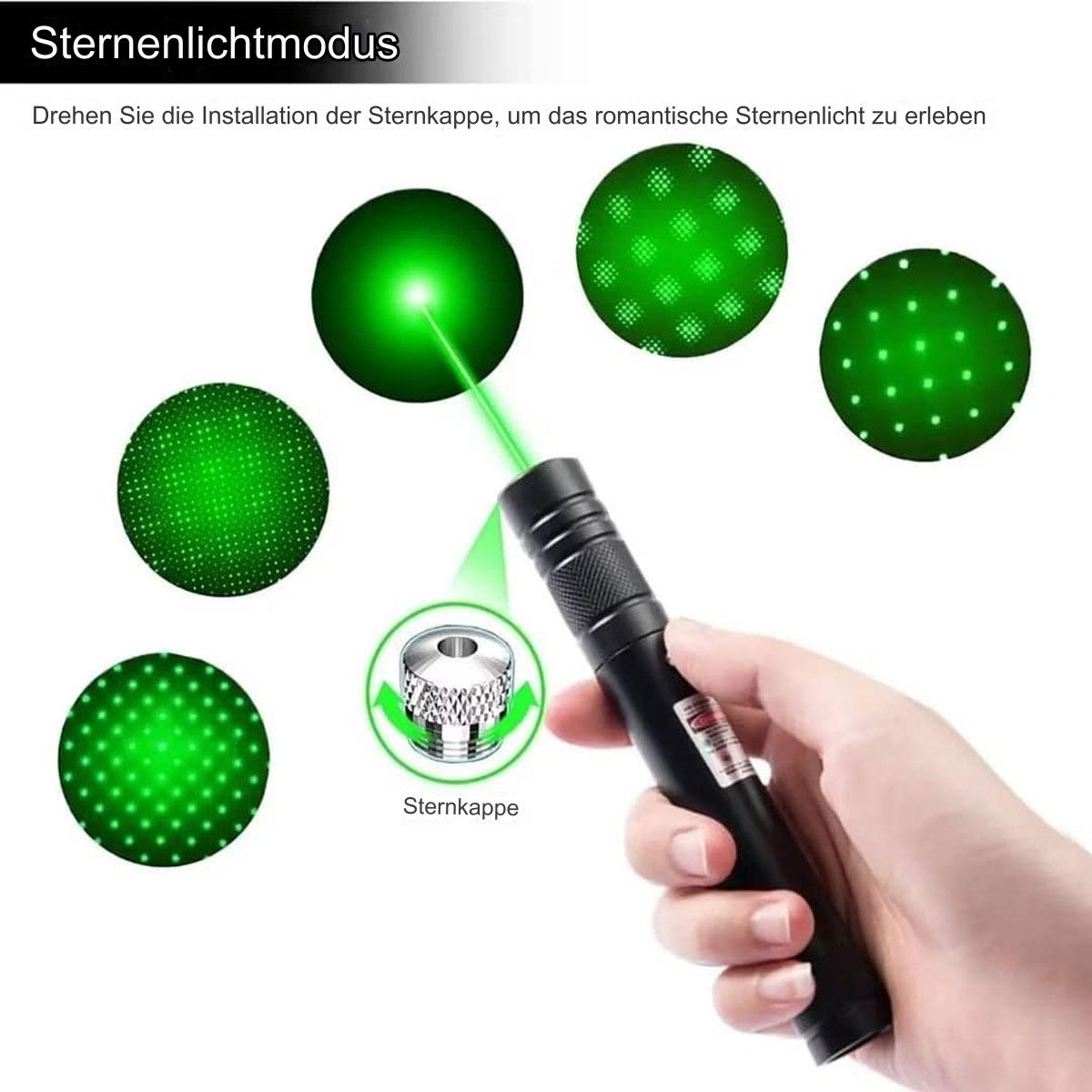 Schwarzer Laserpointer, der einen grünen Strahl mit verschiedenen Sternmustern erzeugt.