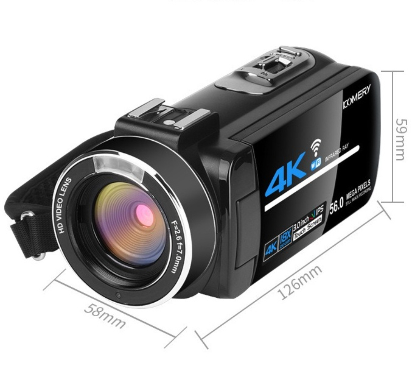 Schwarzer Camcorder mit Objektiv und angezeigten Abmessungen. Es befindet sich auf weißem Hintergrund, mit Etiketten.