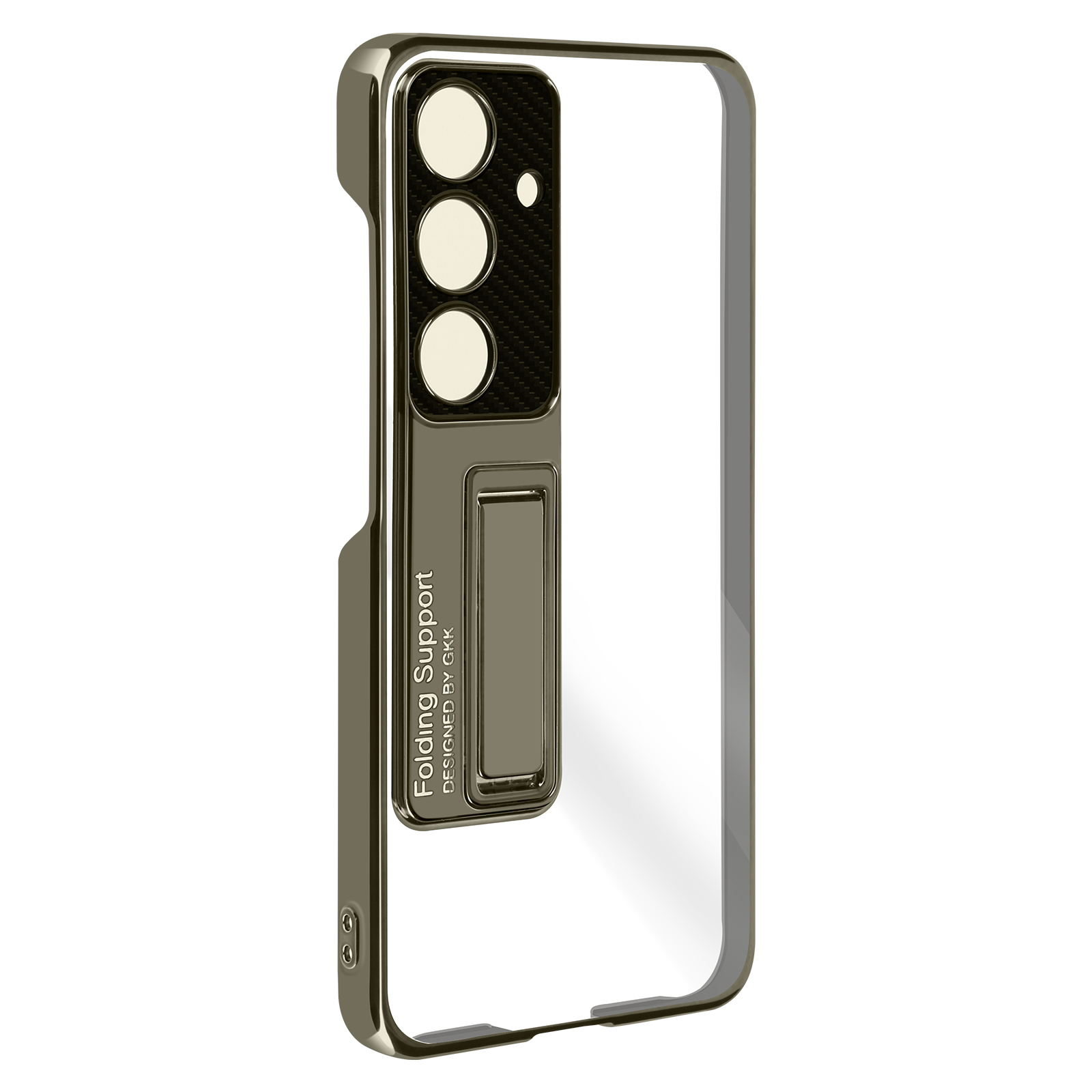 Una custodia dorata per telefono con supporto, tre lenti della fotocamera e retro trasparente.