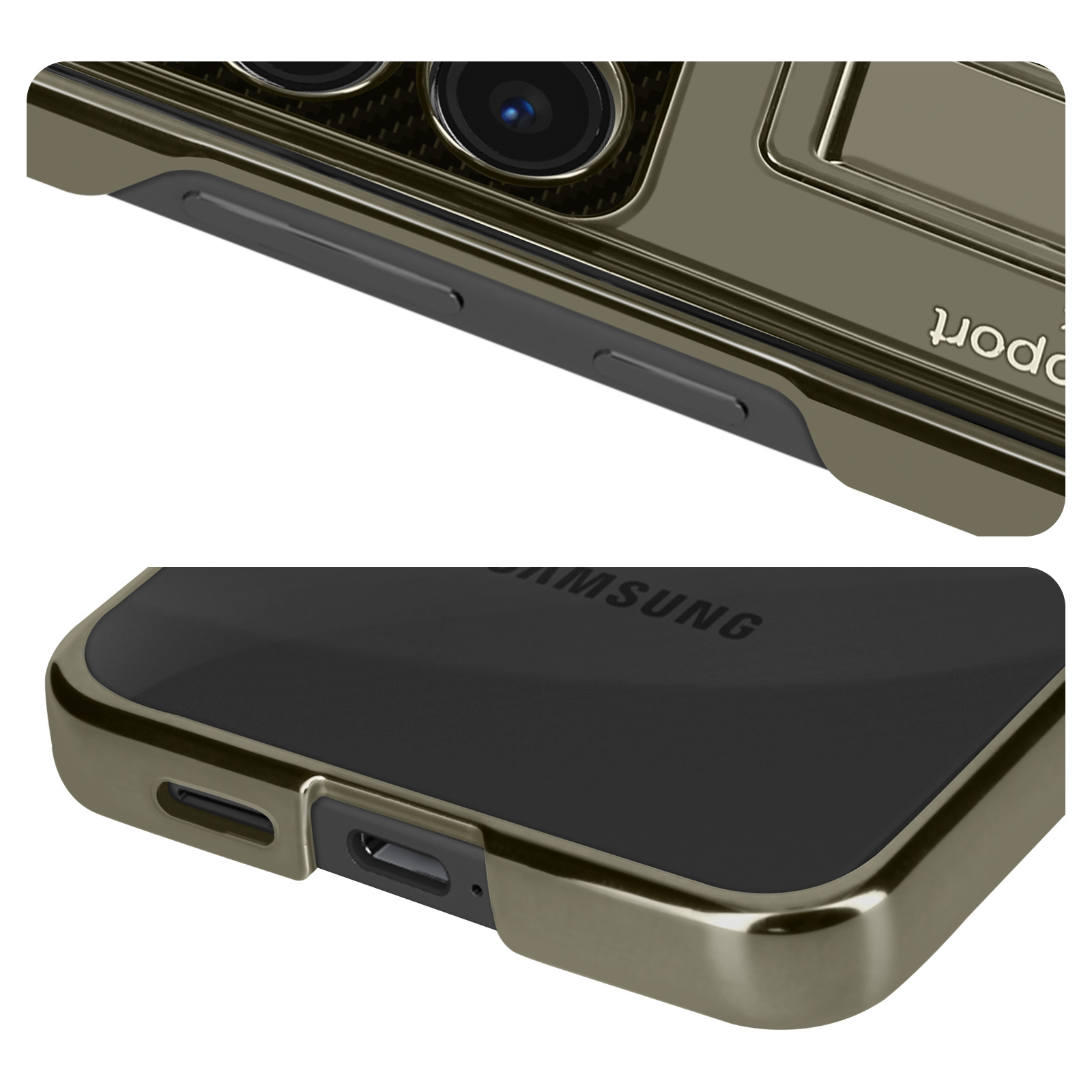 Primo piano di una custodia per telefono, che mostra un modulo fotocamera e pulsanti laterali.