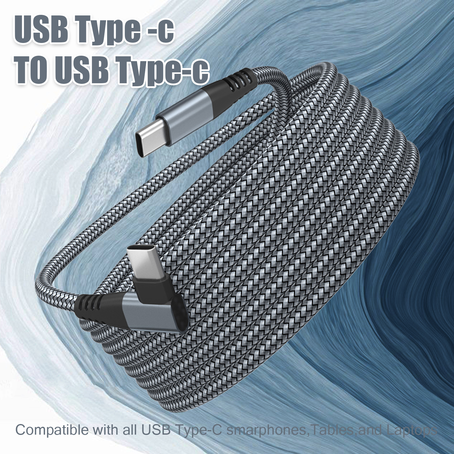 USB Typ-C zu USB Typ-C Kabel, aufgerollt, silber und schwarz, auf blauem Hintergrund.