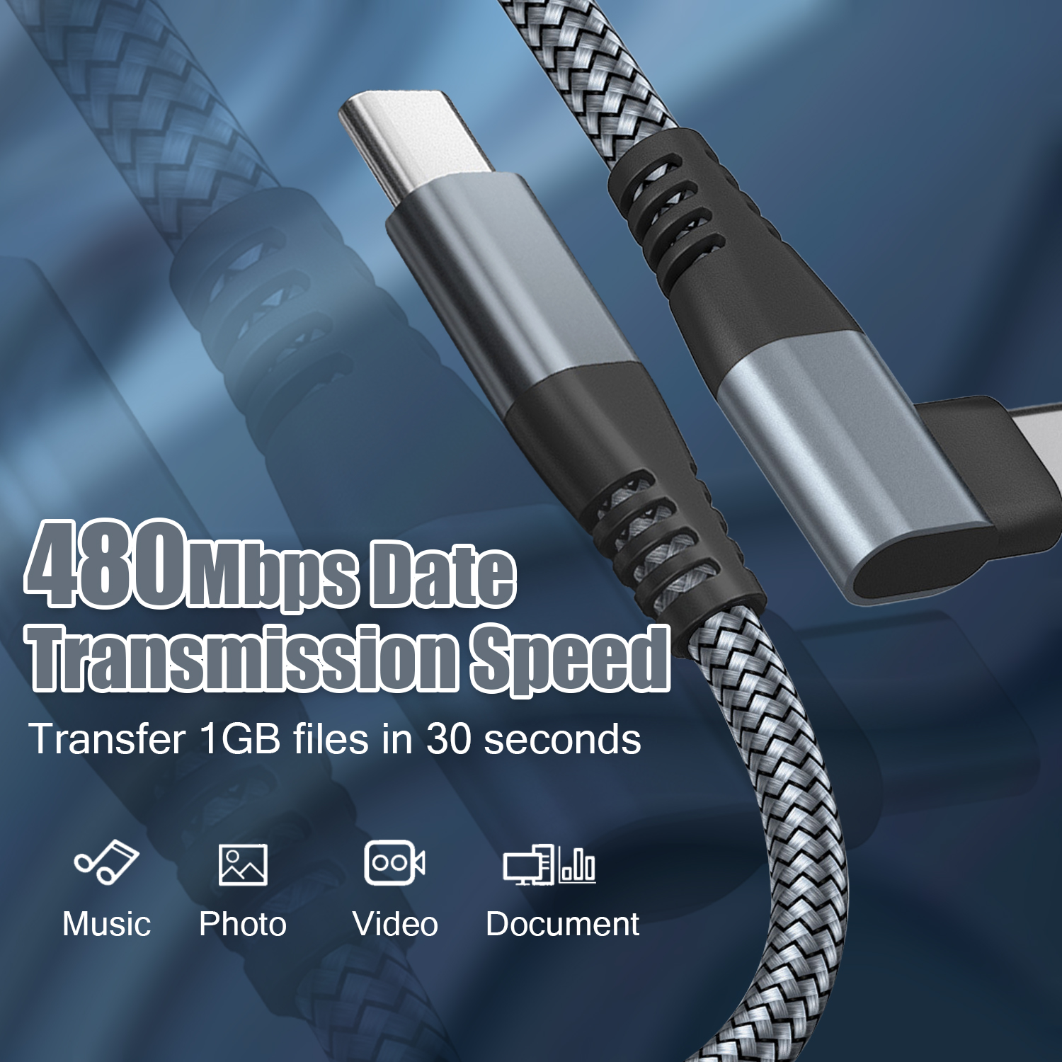 Ein USB-C-Kabel mit Datenübertragungsgeschwindigkeit. Es zeigt Symbole für Musik-, Foto-, Video- und Dokumentübertragung.