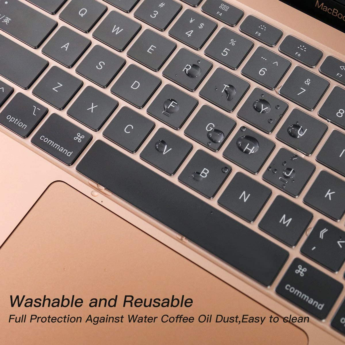 Tastatur mit Wassertropfen auf den Tasten. Text: Waschbar und wiederverwendbar, Schutz vor Wasser.