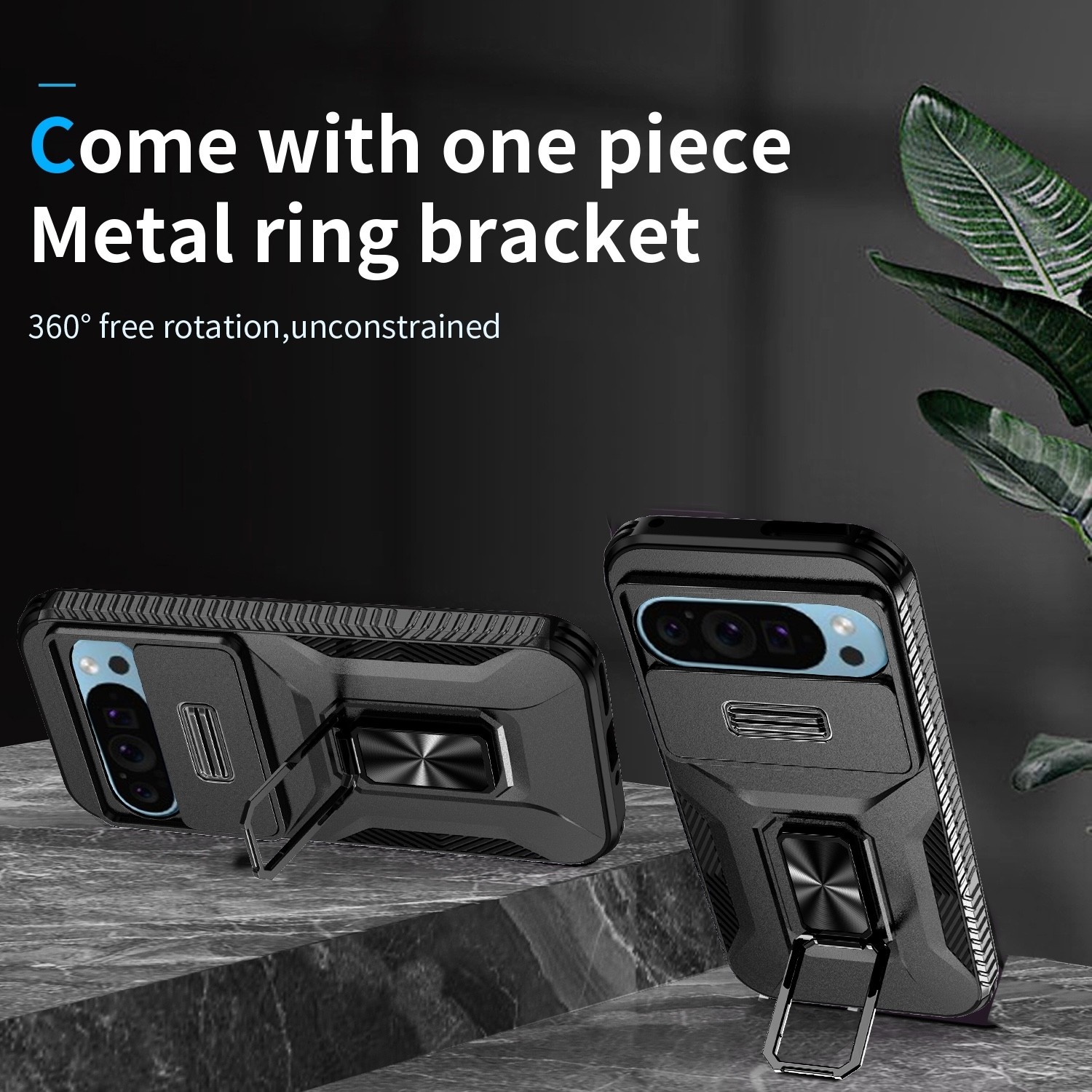 Zwei schwarze Handyhüllen mit Metallring auf strukturierter Oberfläche.