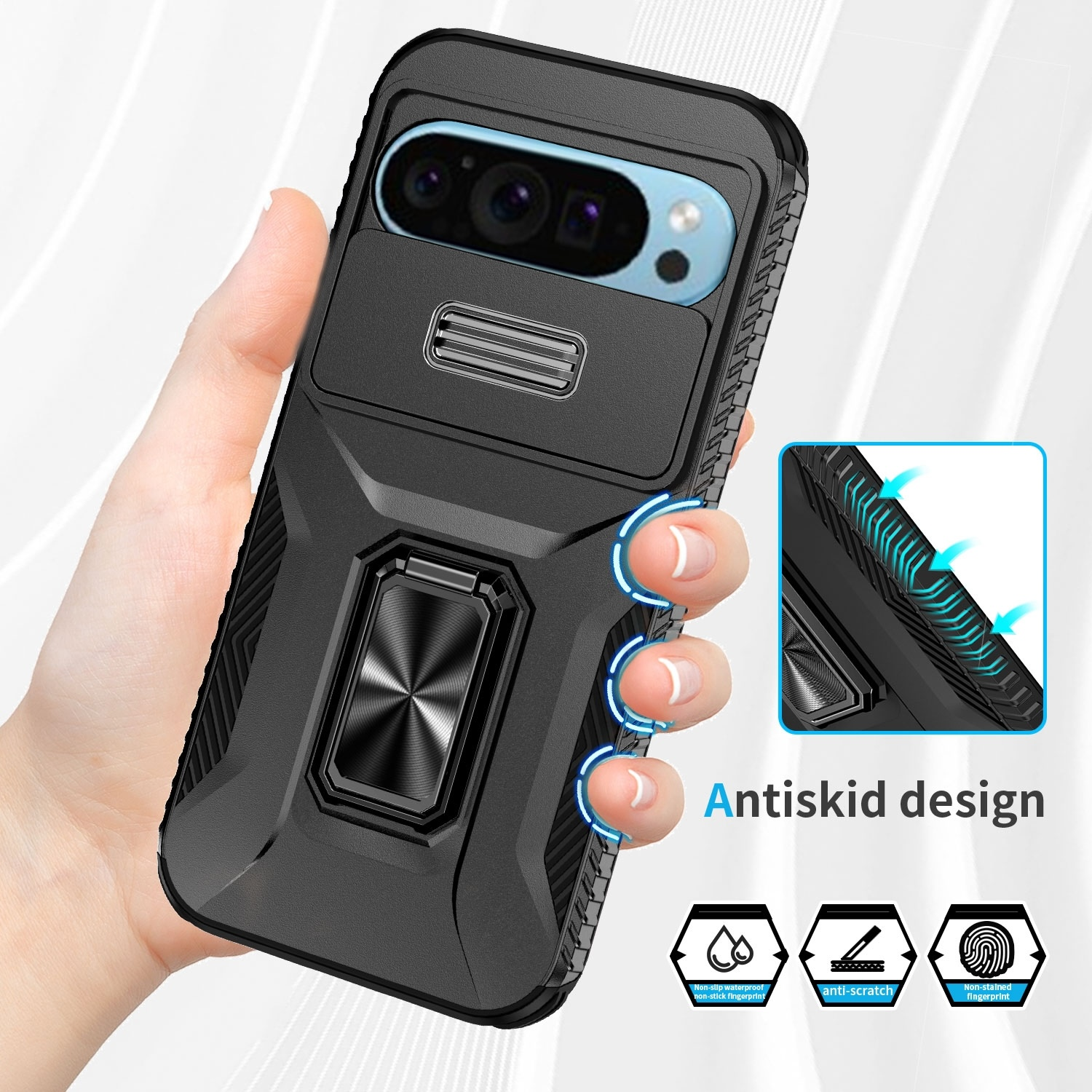 Eine schwarze Handyhülle mit Ringhalter und Kameraabdeckung. Eine Hand hält sie.