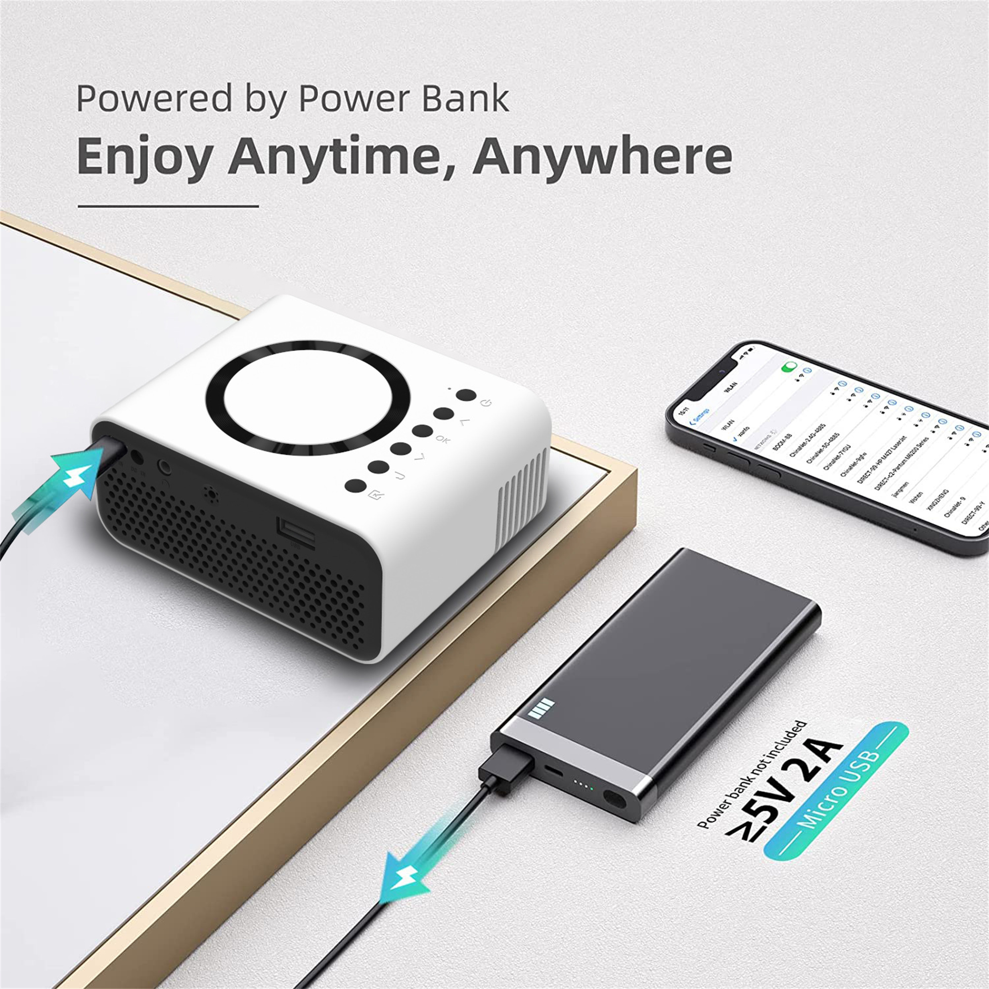 Weißes Gerät, verbunden mit Powerbank via USB. Telefon rechts, neben einem Schreibtisch.