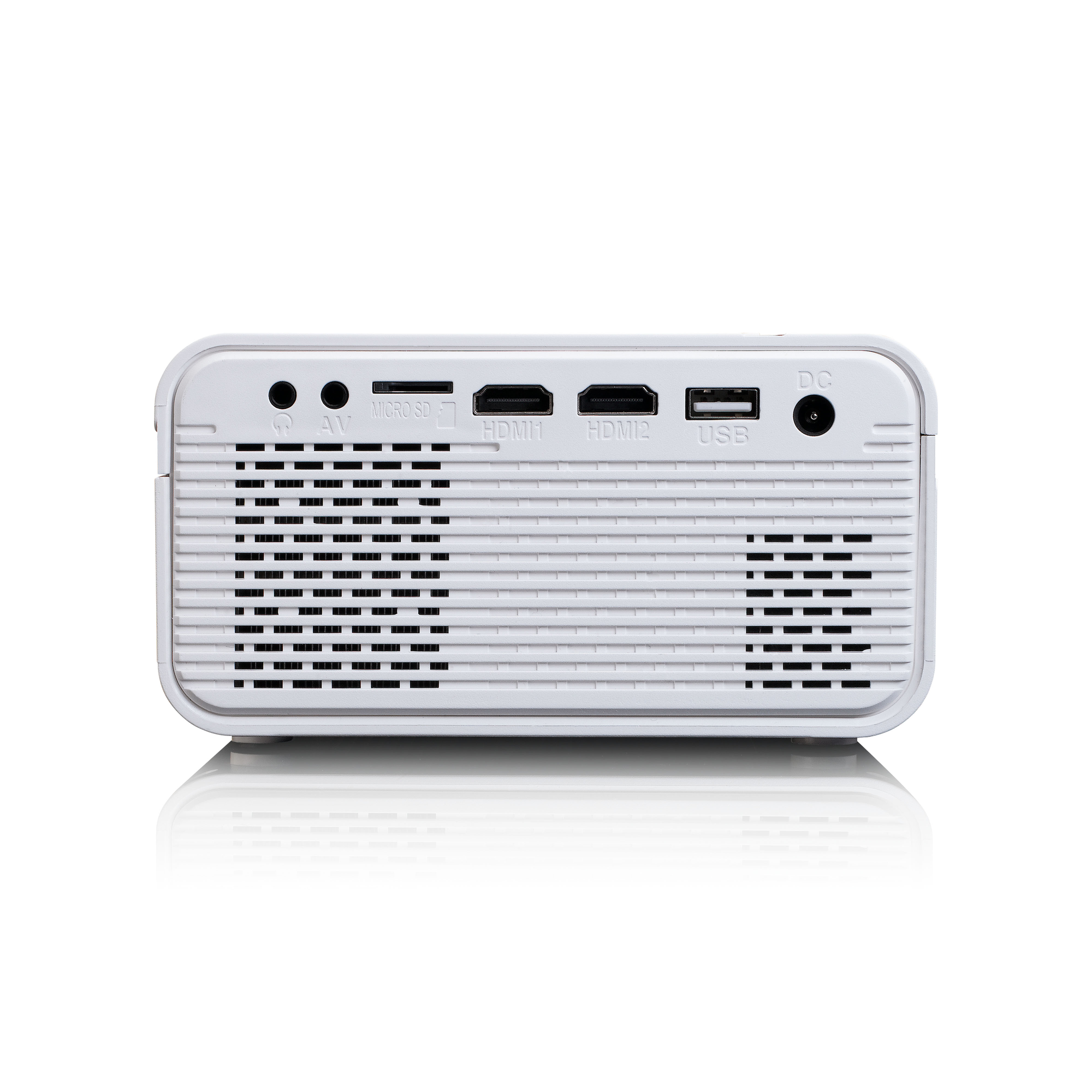 Biały projektor z różnymi portami z tyłu. Porty obejmują AV, HDMI i USB.