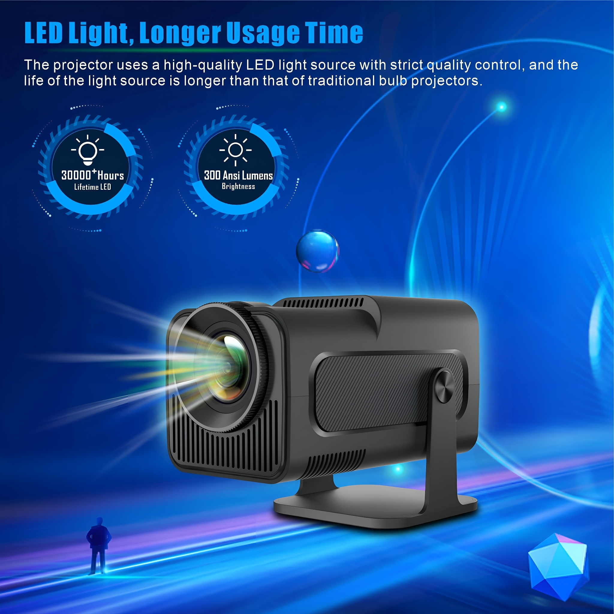 Schwarzer Projektor zeigt helles Licht. Blauer Hintergrund, mit 30.000 Stunden LED und 300 Lumen Helligkeit.