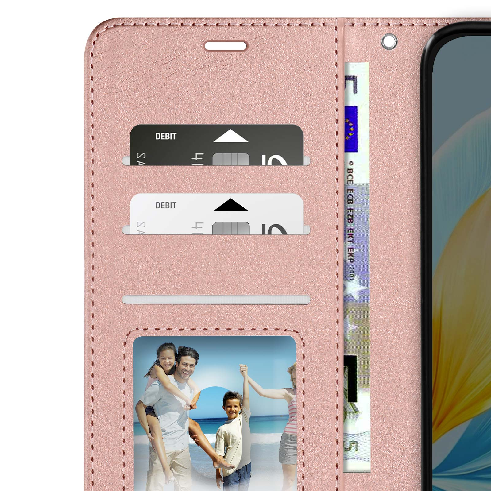 Geöffnete pinke Handy-Hülle, zeigt Kartenfächer, Familienfoto und Euro-Geldschein.