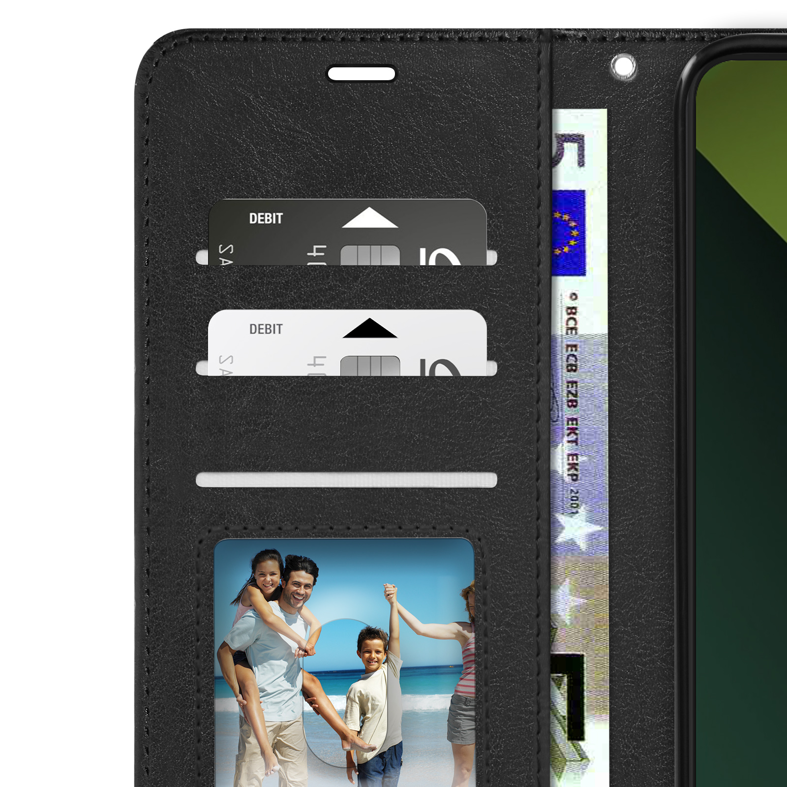 Portafoglio nero con carte di credito, foto di famiglia e banconota in euro.