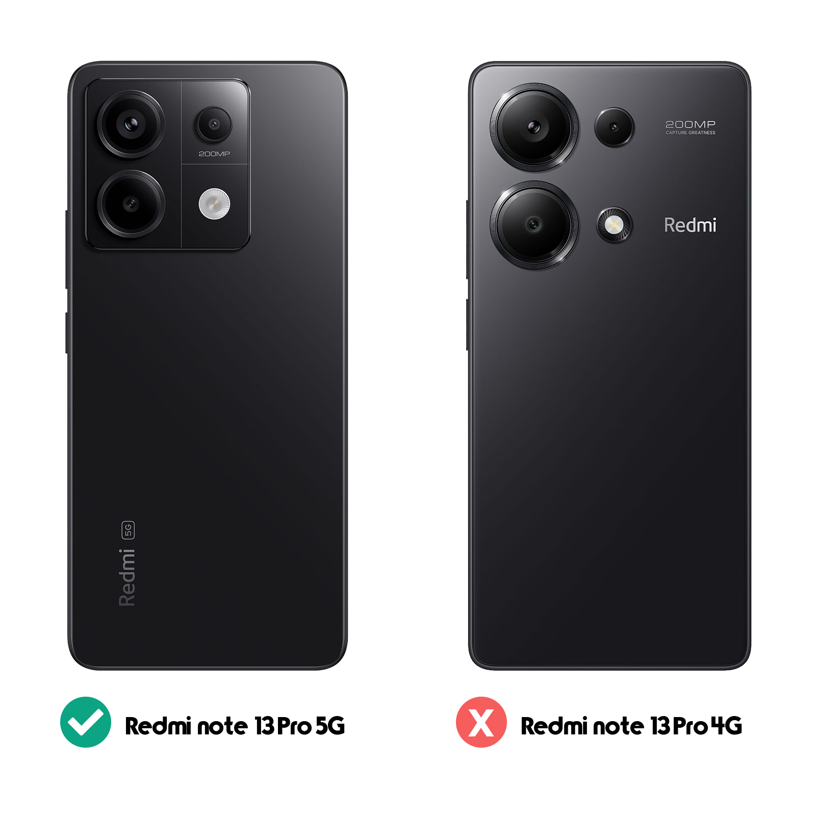 Confronto tra due telefoni neri: Redmi Note 13 Pro 5G (spunta) e Redmi Note 13 Pro 4G (X).