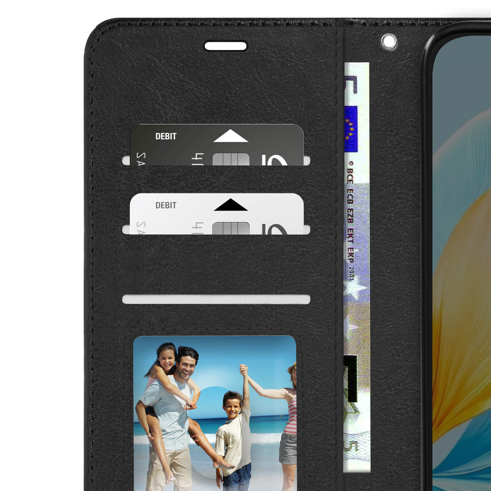 Portafoglio nero per telefono con carte di credito, denaro e una foto di famiglia all'interno.