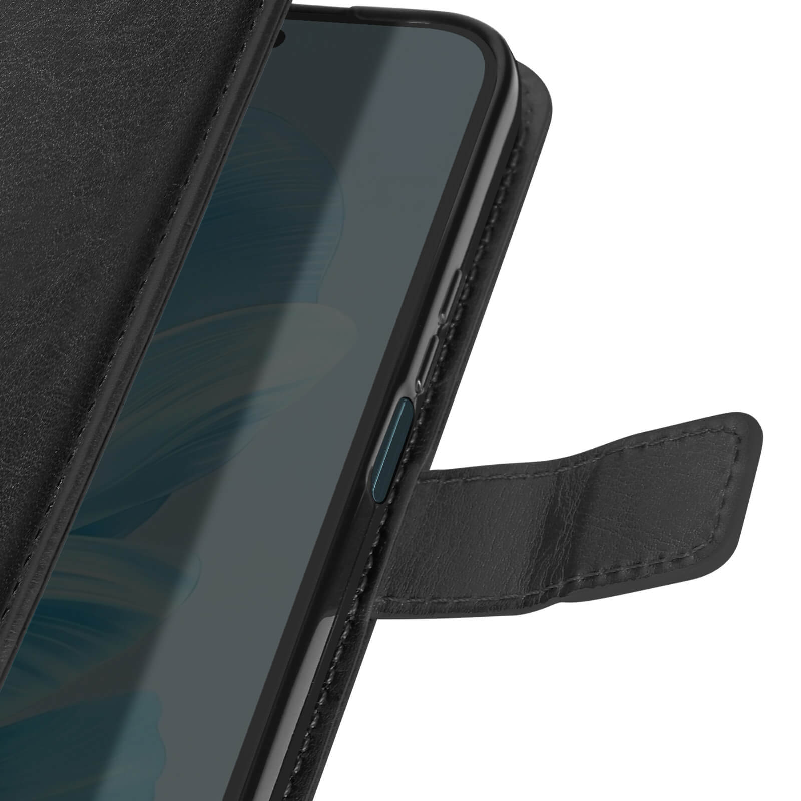 Telefono nero in una custodia a portafoglio nera con chiusura magnetica.