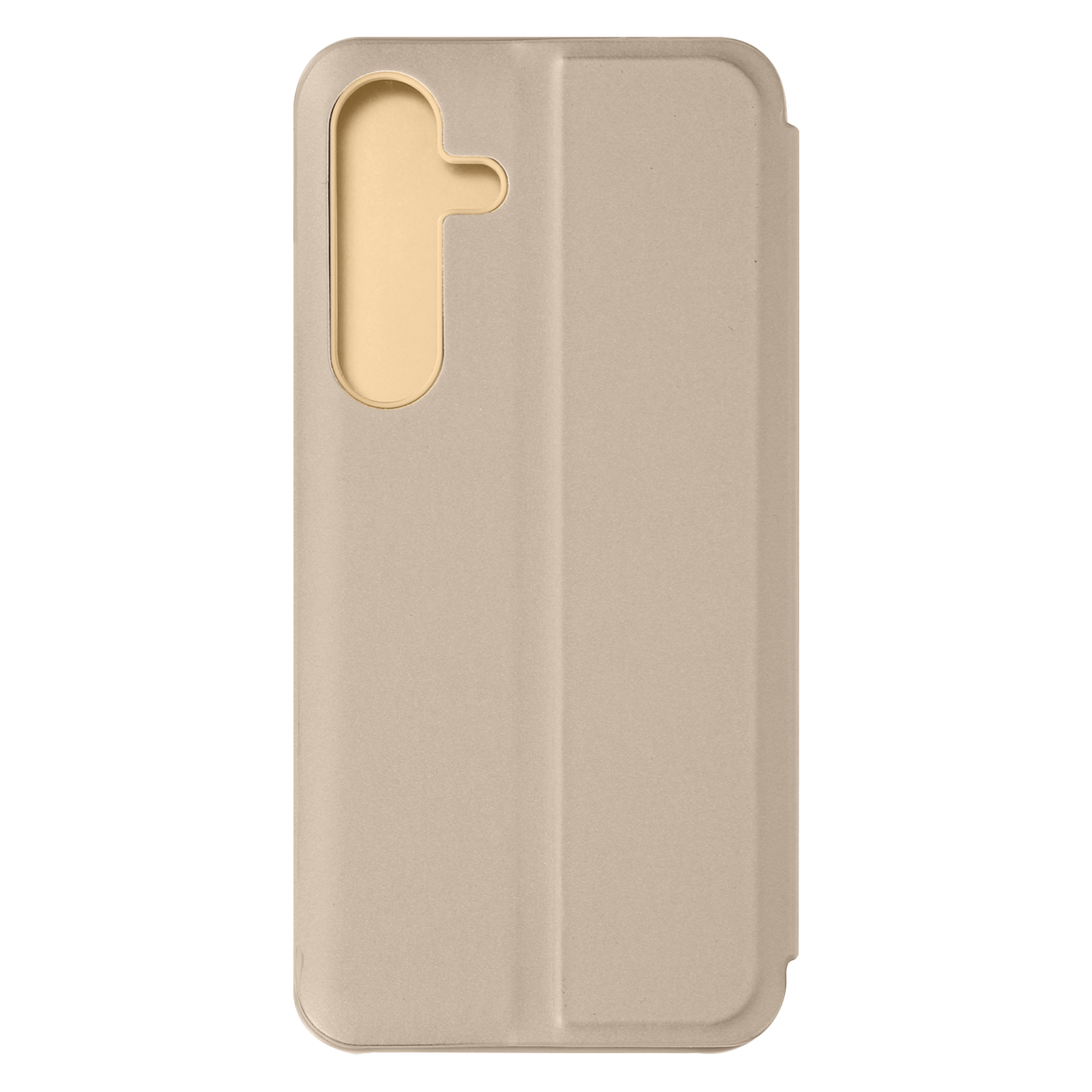 Eine beige Handyhülle in geschlossener Position. Es hat einen goldenen Innenraum und einen vertikalen Ausschnitt.