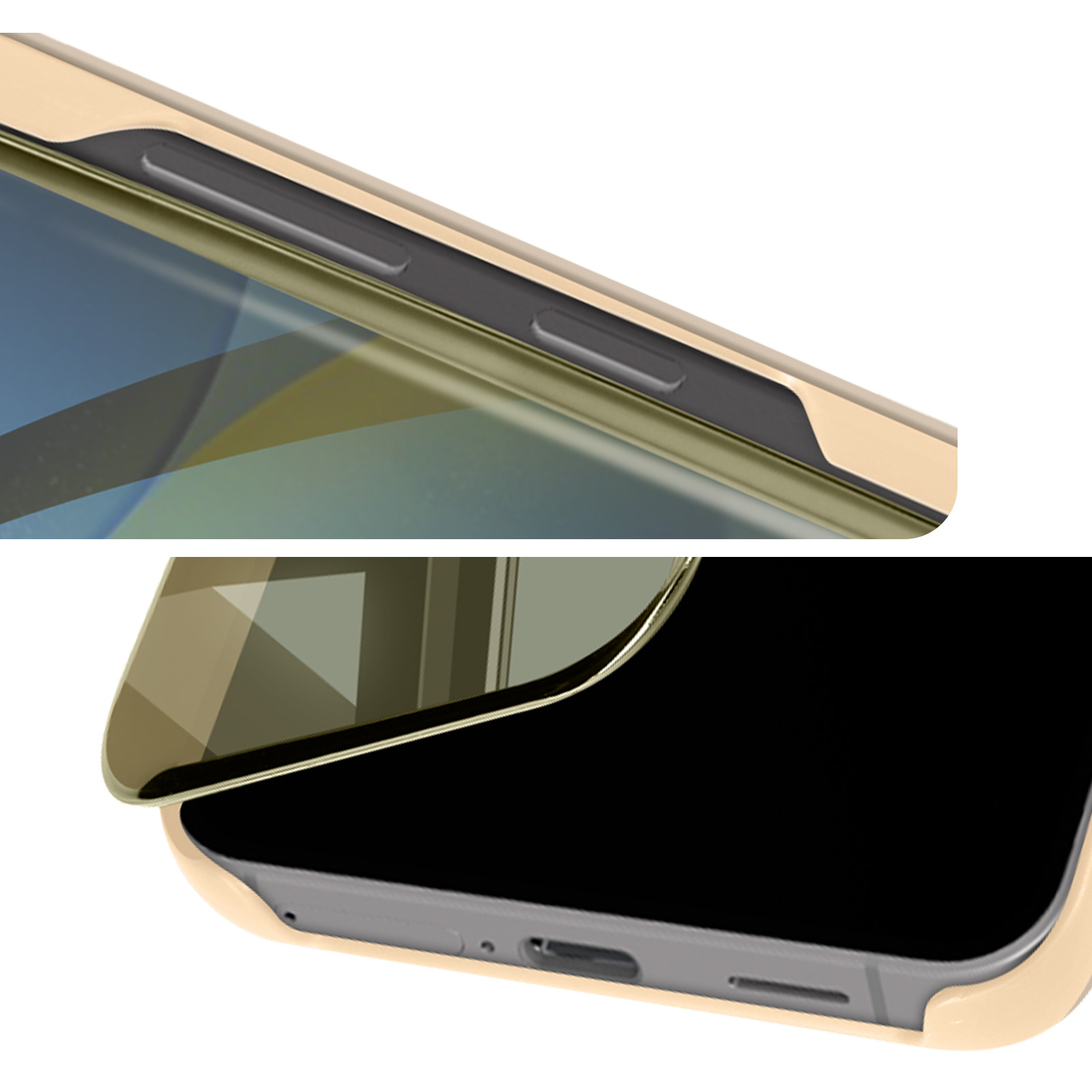 Nahaufnahme von Telefonkante und Bildschirm, goldene Farbe.