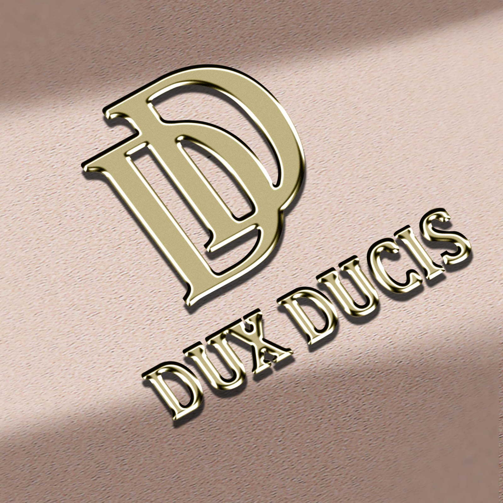 Goldenes Logo von DUX DUCIS auf hellbraunem Hintergrund. Das Logo ist glänzend und 3D.