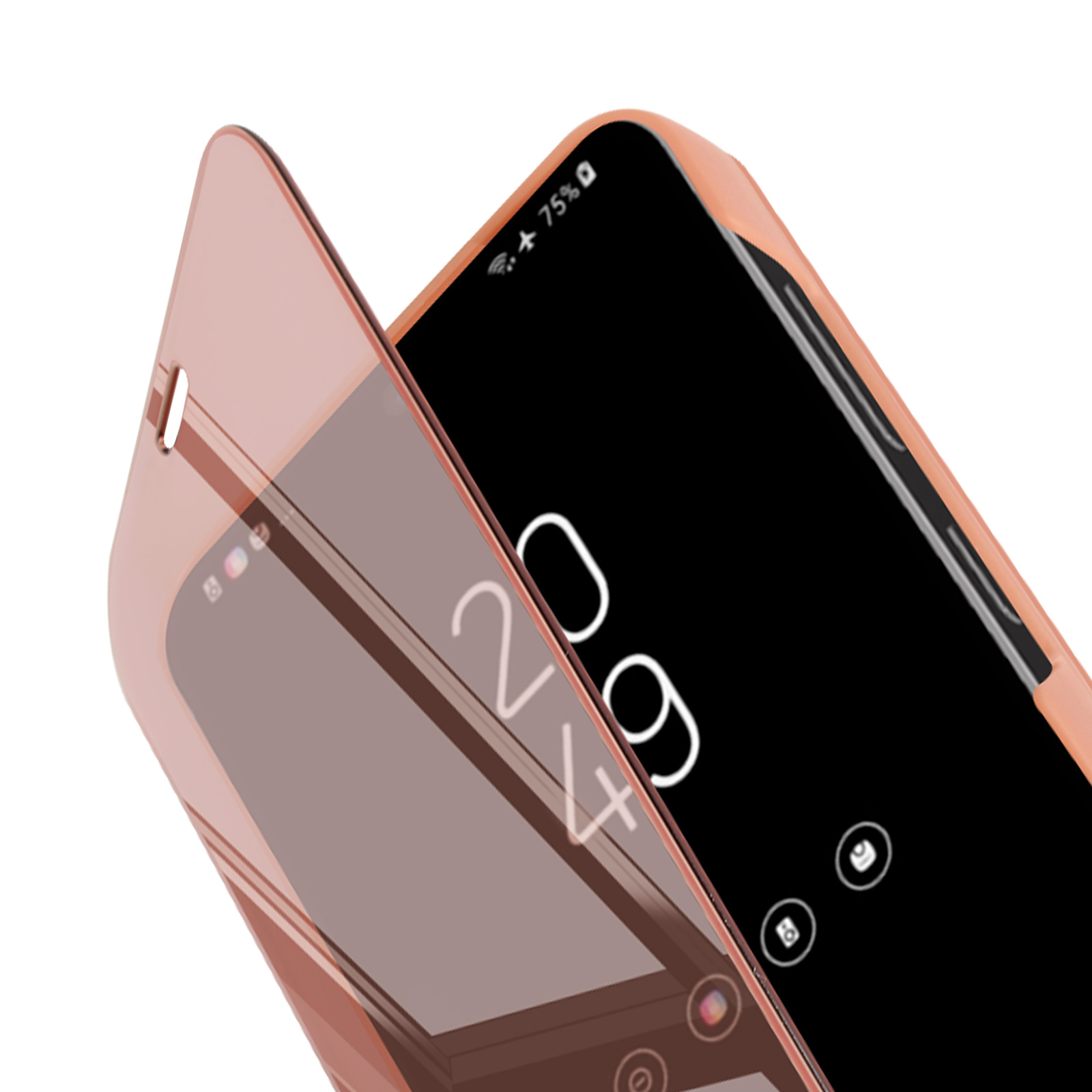 Un telefono con protezione schermo e custodia. Lo schermo mostra la data e l'ora.