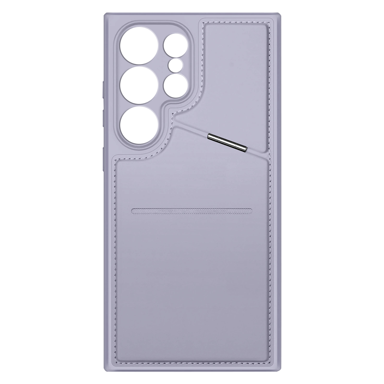 Custodia per telefono lilla chiaro con fori per fotocamera e slot per schede.