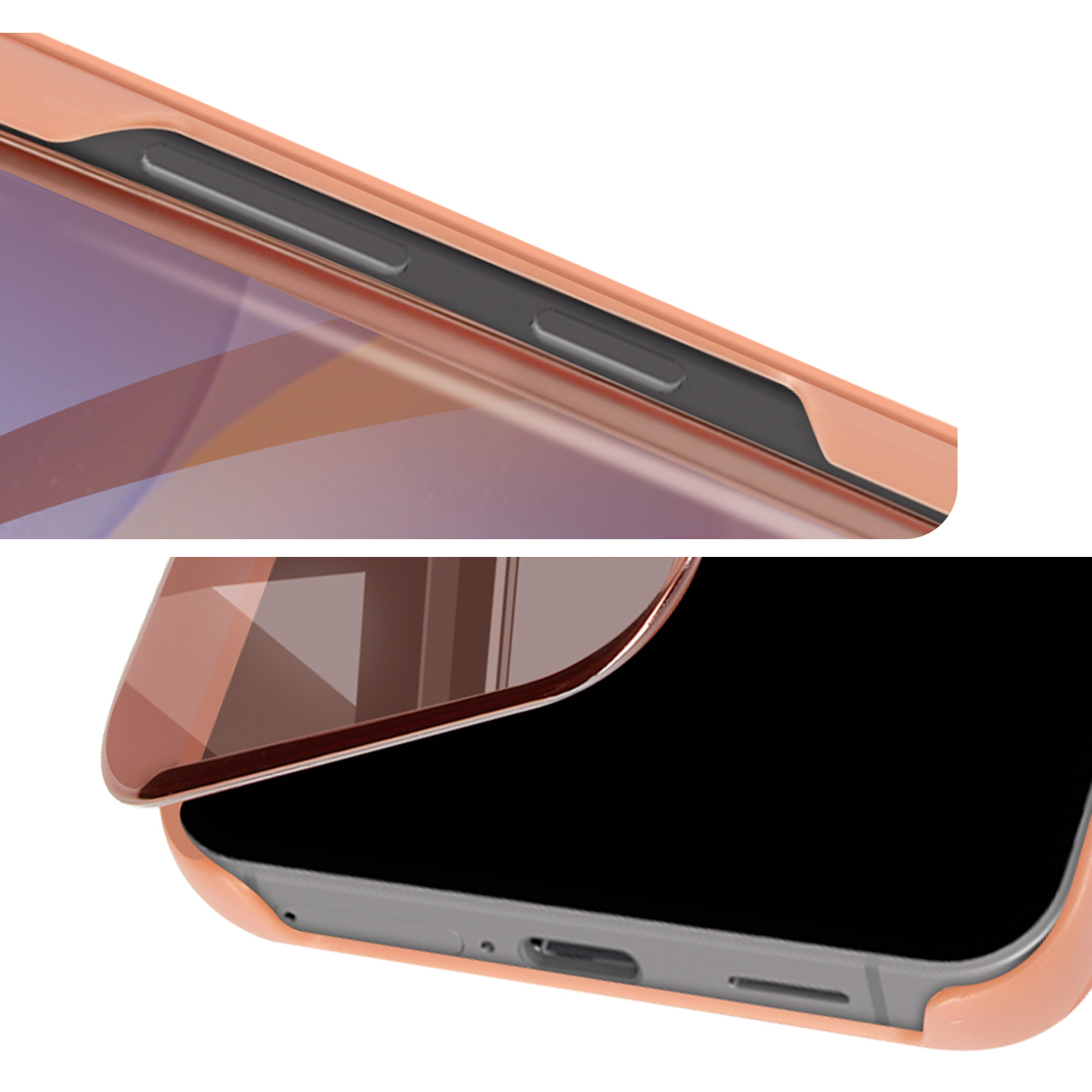 Primo piano di un telefono. Il pulsante di accensione e i pulsanti del volume sono sul lato.