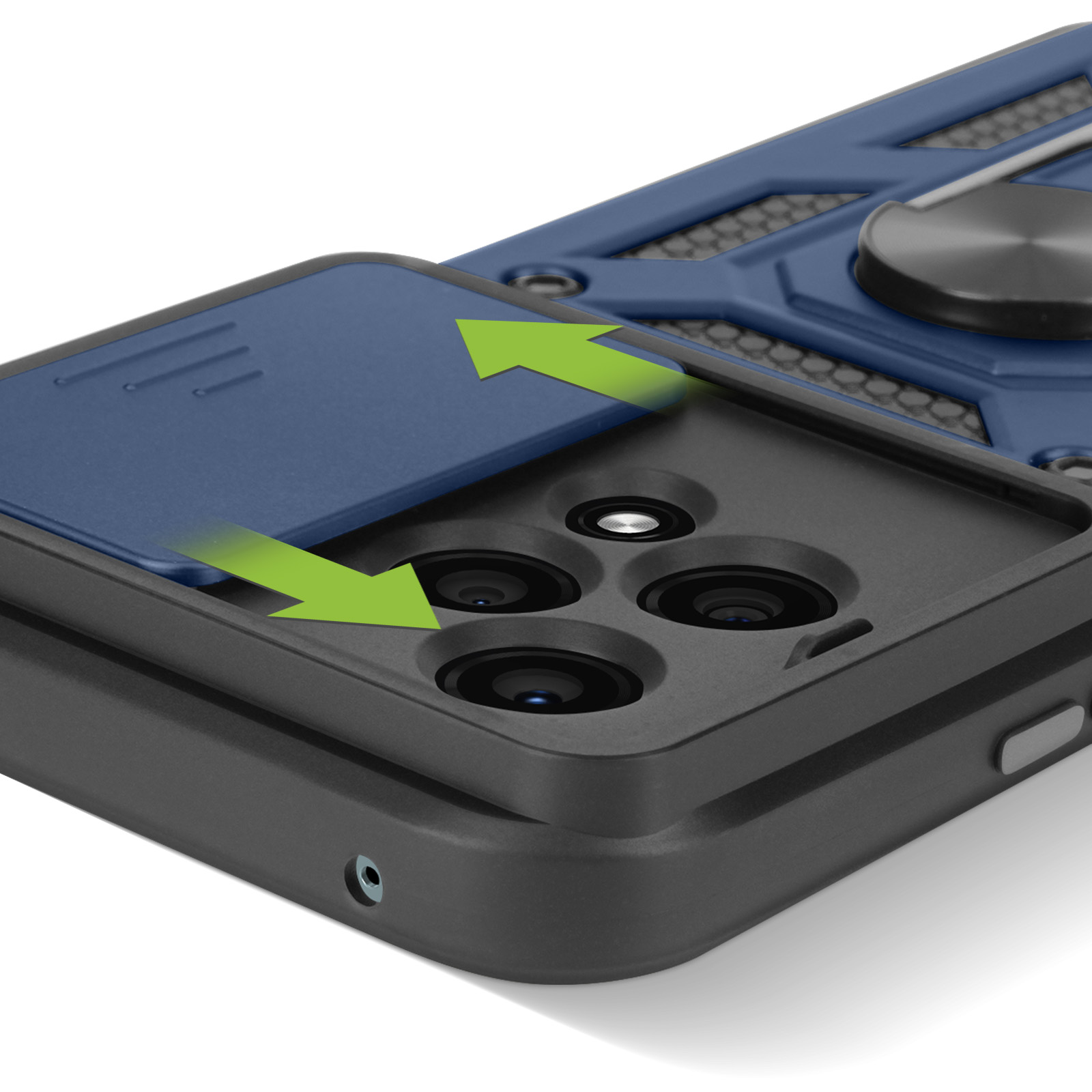 Primo piano di una custodia per telefono. Una copertura blu scorre per rivelare le lenti della fotocamera.
