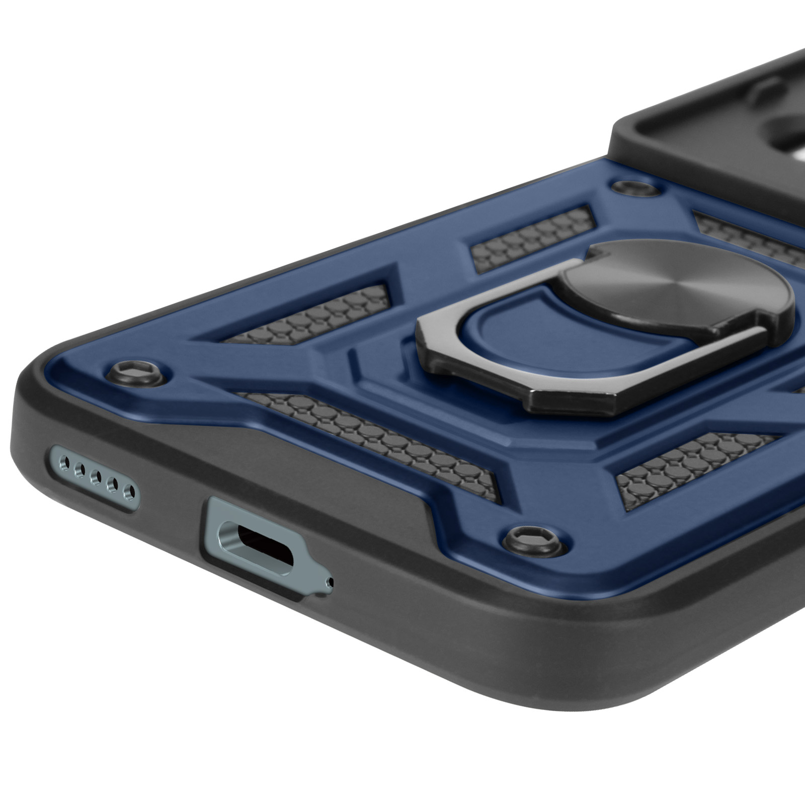 Un primo piano di una custodia per telefono con un design blu e nero e un anello.