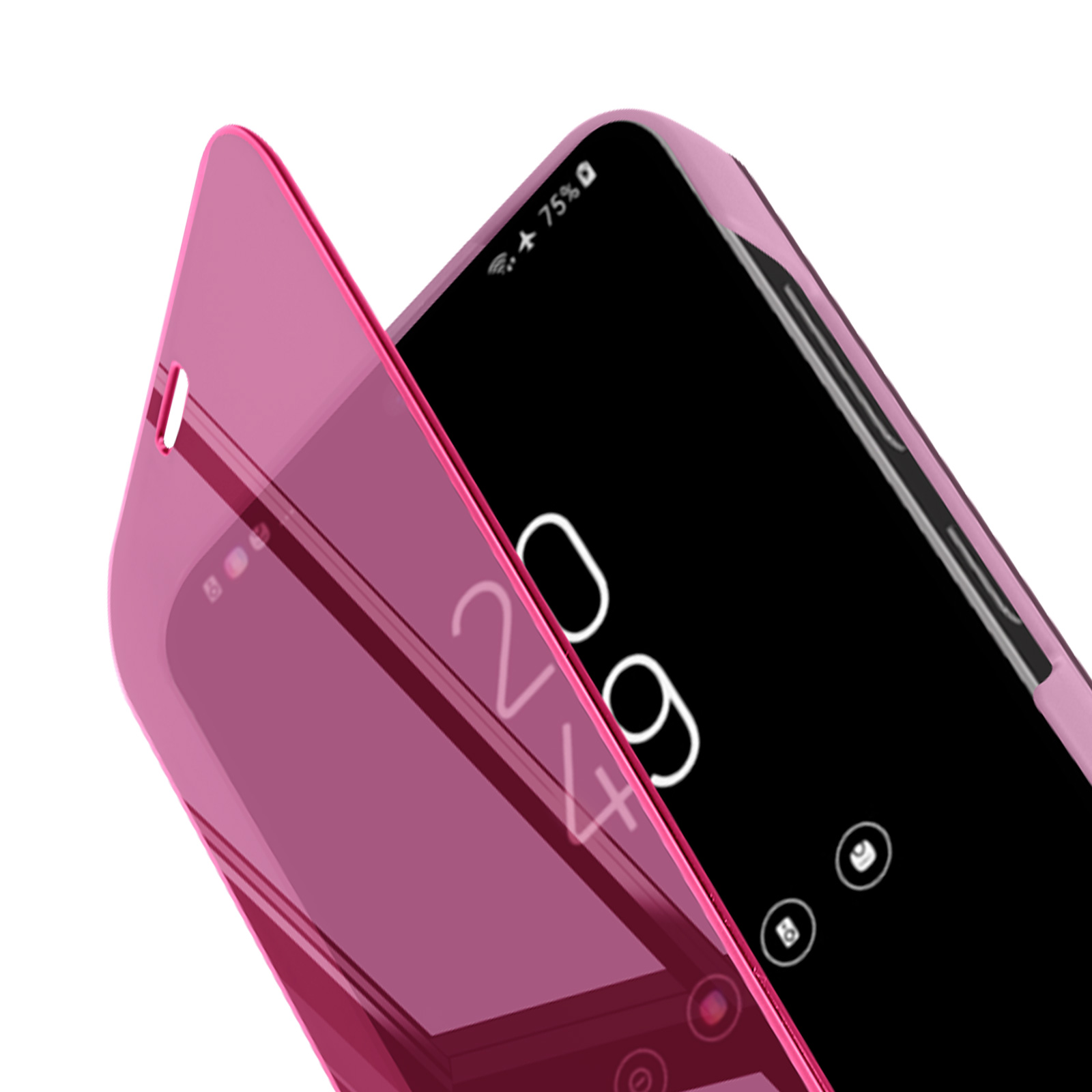 Un telefono rosa con uno schermo che mostra l'ora. Un proteggi schermo rosa è appoggiato al telefono.