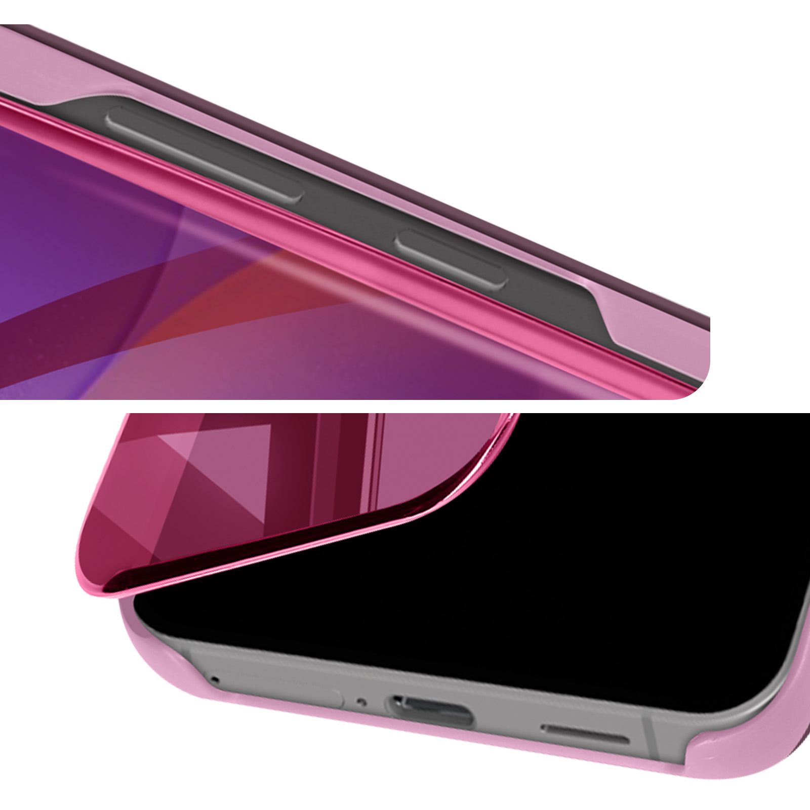 Primo piano di un telefono rosa con pulsanti e protezione schermo.