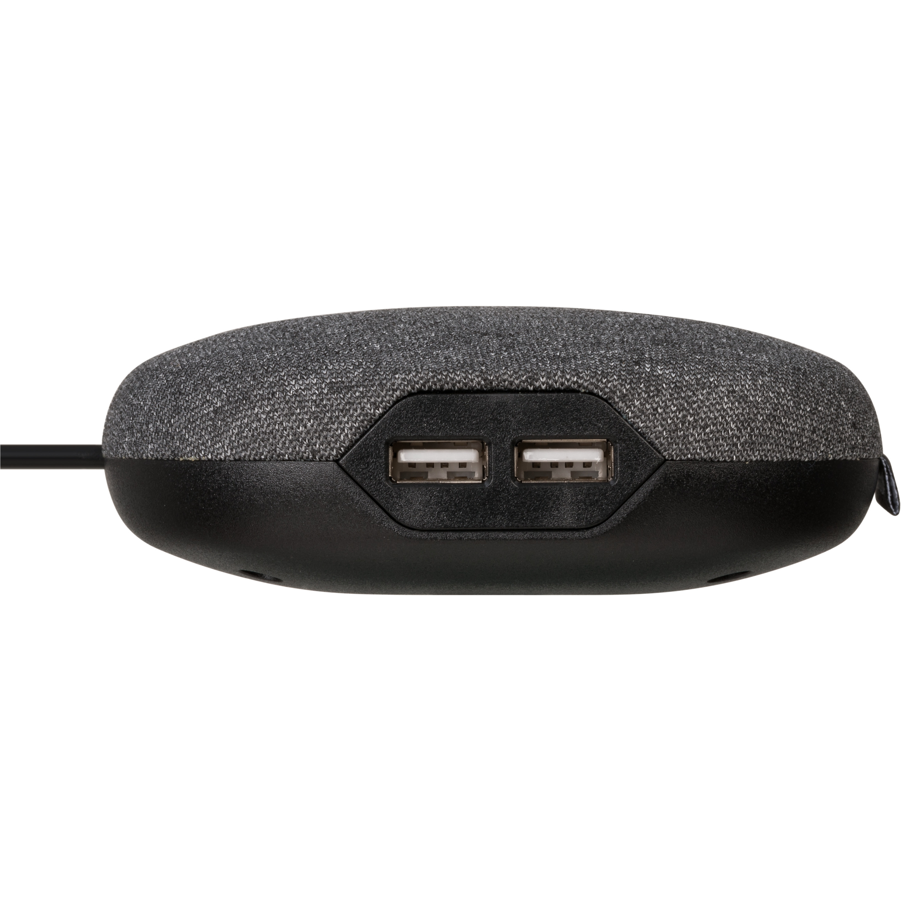 Ein mit grauem Stoff bezogener USB-Hub mit zwei USB-Anschlüssen. Schwarzes Gehäuse und Kabel.