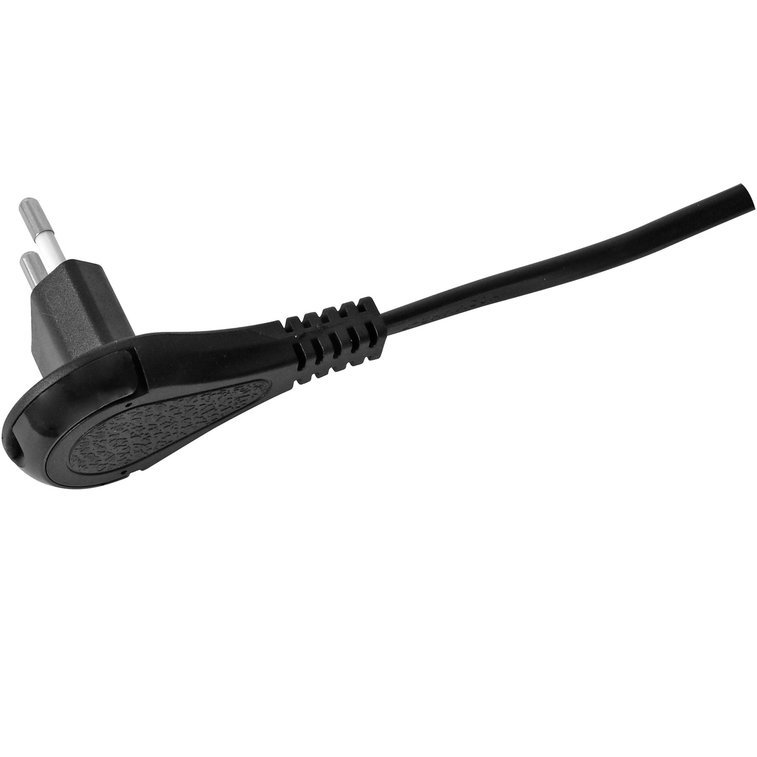 Schwarzes Netzkabel mit Stecker, zum Betrachter abgewinkelt.