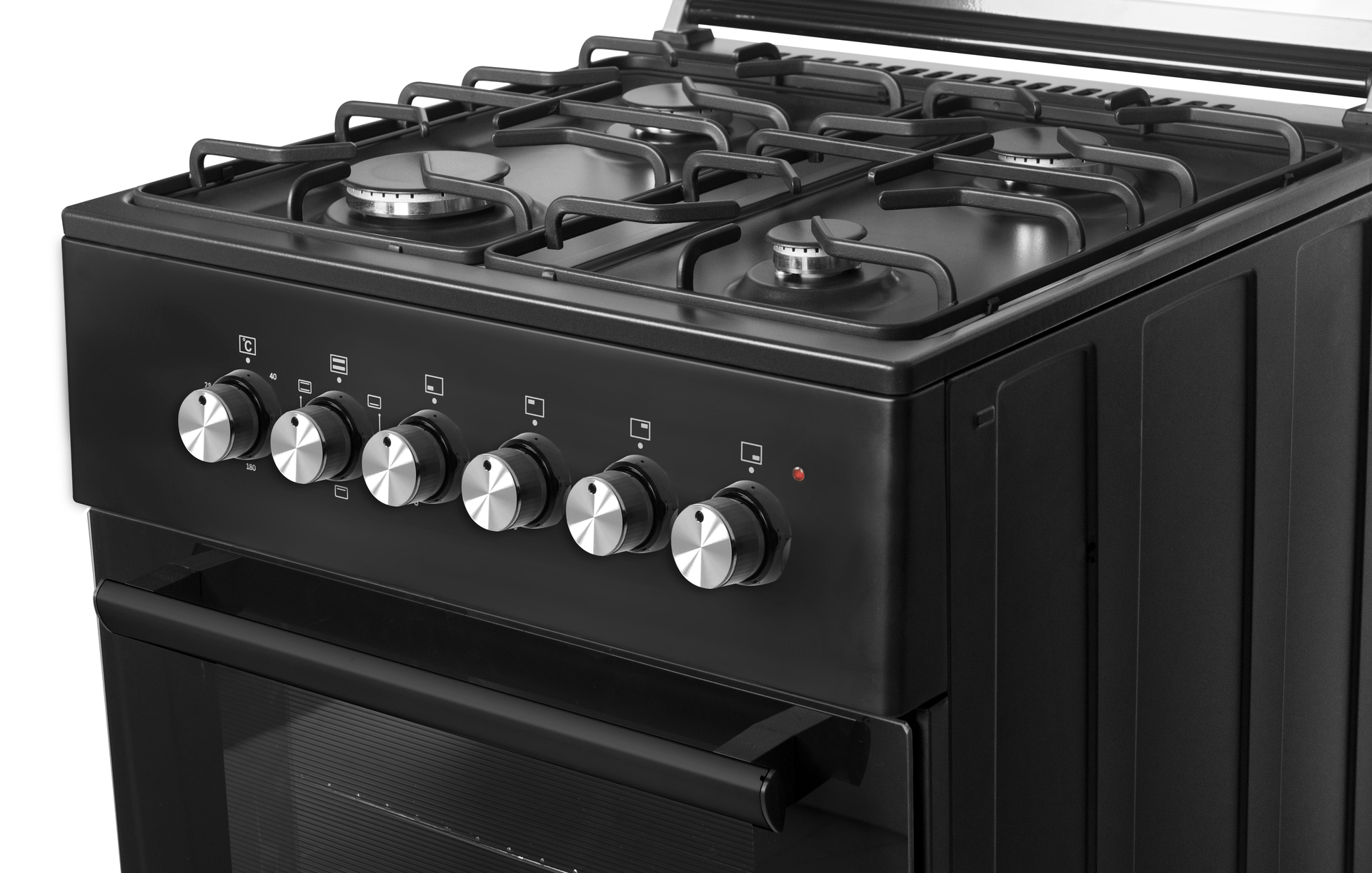 Black stove with knobs on the front and a glass oven door. The stove is on a white background.