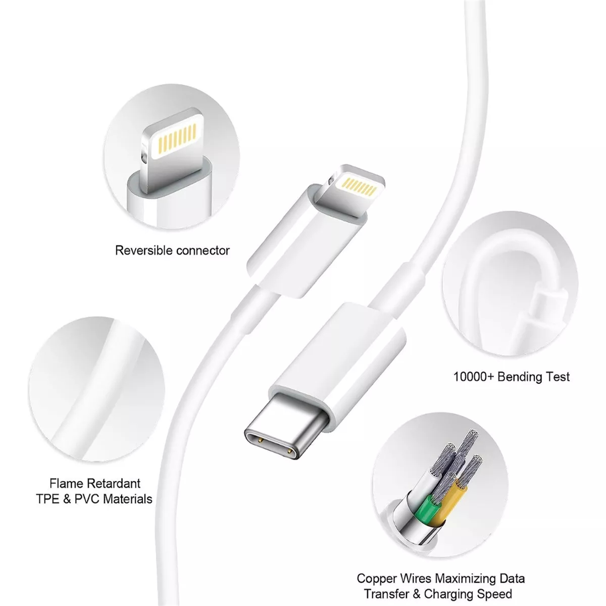 Weißes Ladekabel mit Lightning- und USB-C-Anschlüssen. Nahaufnahme mit Beschriftungen und Details.