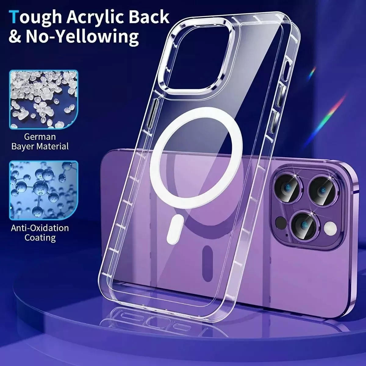 Transparente Handyhülle auf einem lila Telefon. Die Hülle hat einen weißen Ring und Text.