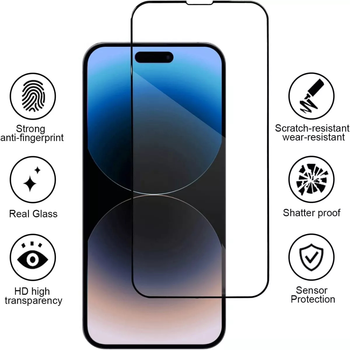 Klare Displayschutzfolie für ein Telefon, mit Symbolen, die Funktionen zeigen. Weißer Hintergrund.