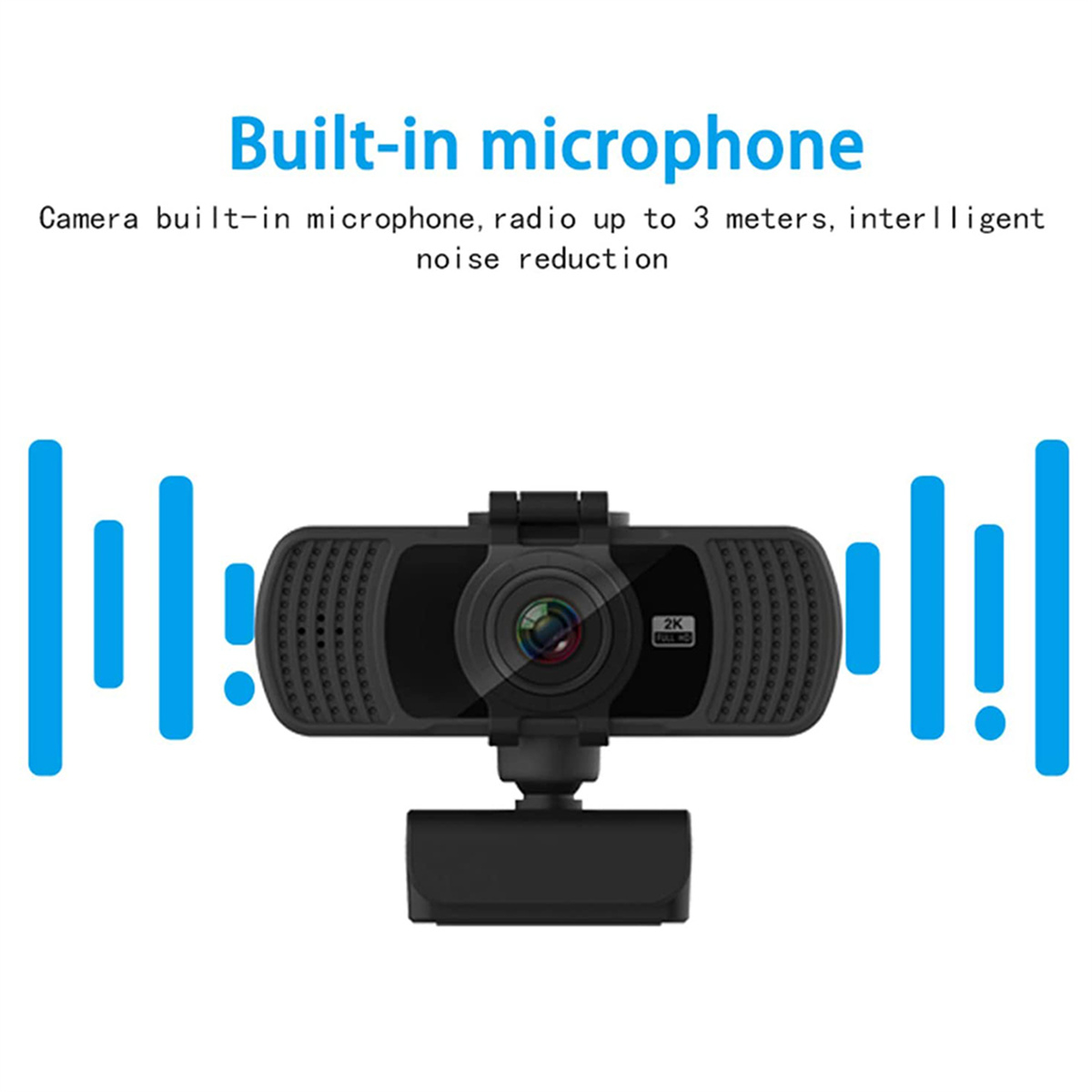 Schwarze Webcam mit eingebautem Mikrofon, mit Text über ihre Funktionen und blauen Linien.