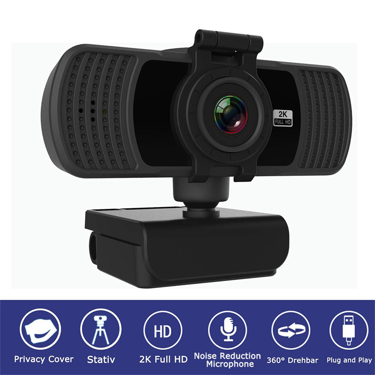 Schwarze Webcam mit mehreren Funktionen. Sichtschutz, Mikrofon und weitere Symbole darunter.