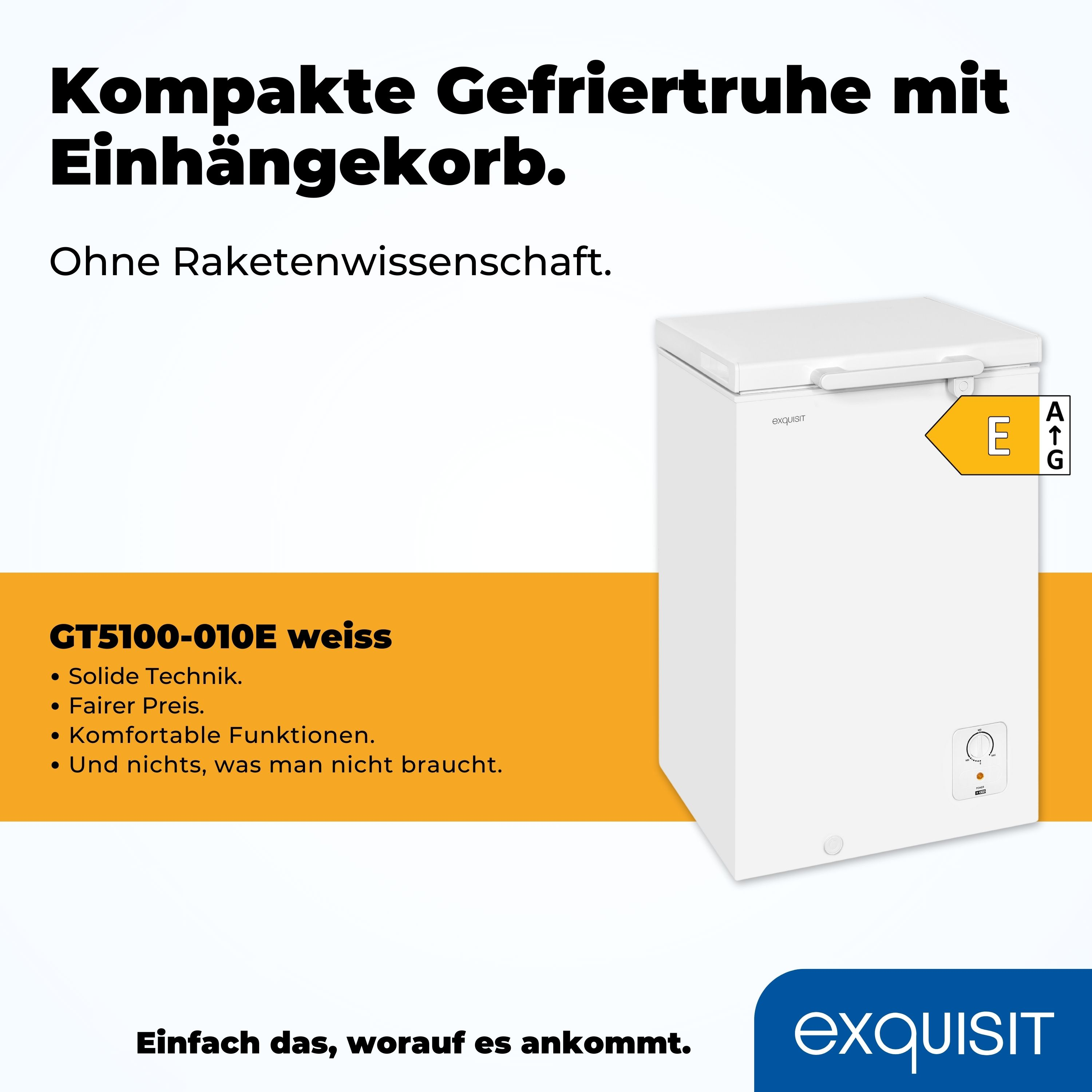Weiße Truhen-Gefriertruhe mit Energielabel rechts. Text auf Deutsch.
