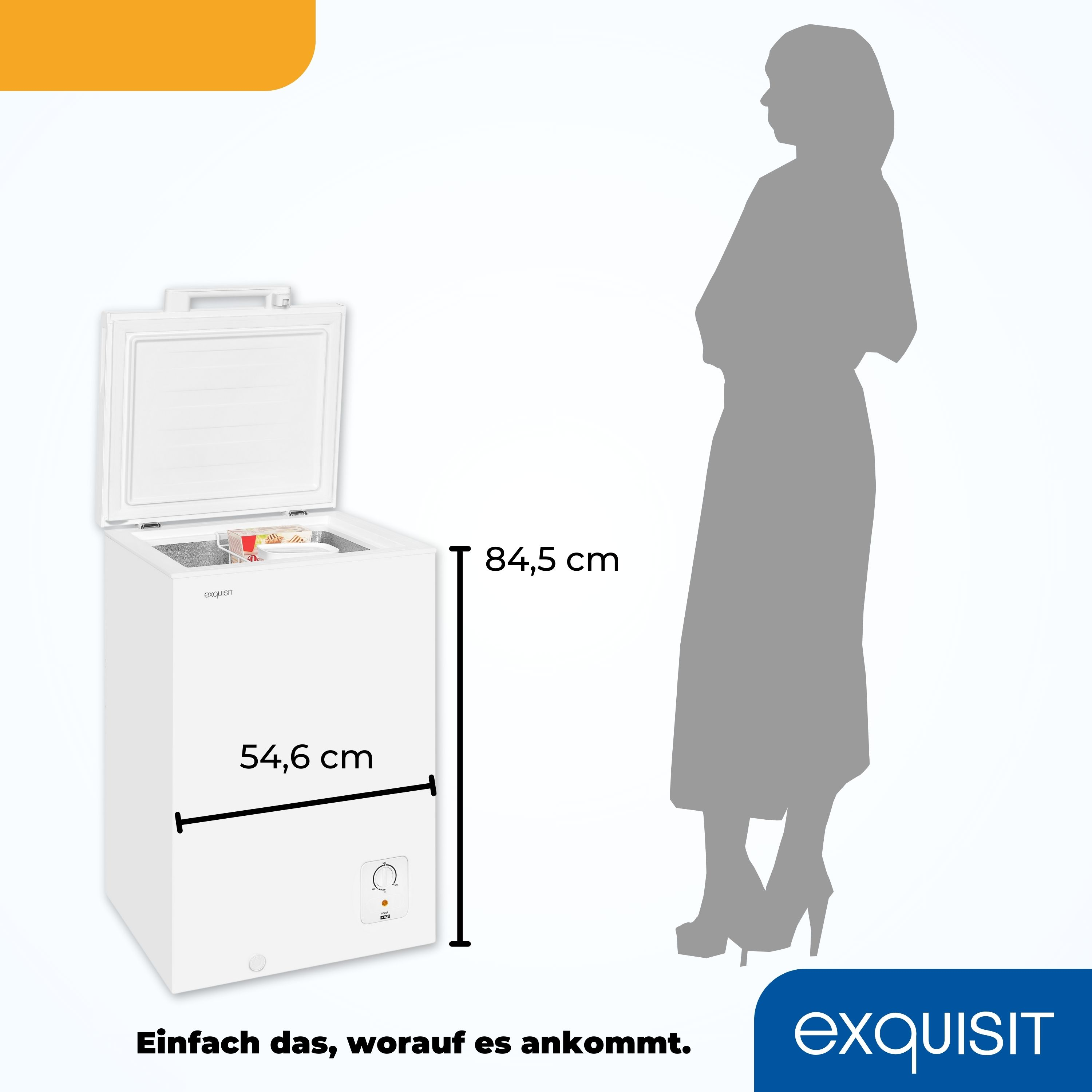 Weiße Truhen-Gefriertruhe mit Personensilhouette daneben. Text: Einfach das, worauf es ankommt.