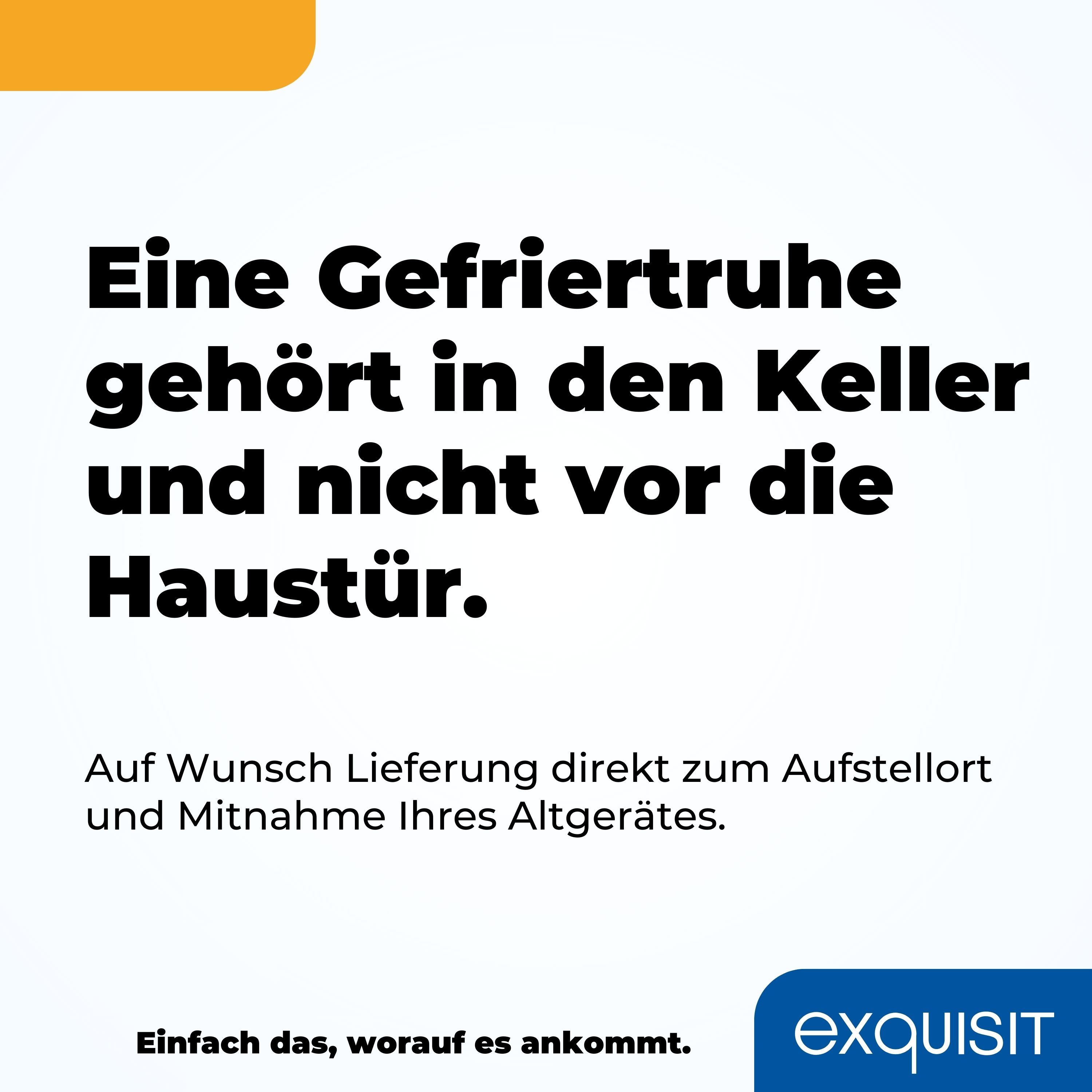 Text, der besagt, dass ein Gefrierschrank in den Keller gehört, nicht vor die Haustür, mit einem Lieferangebot.