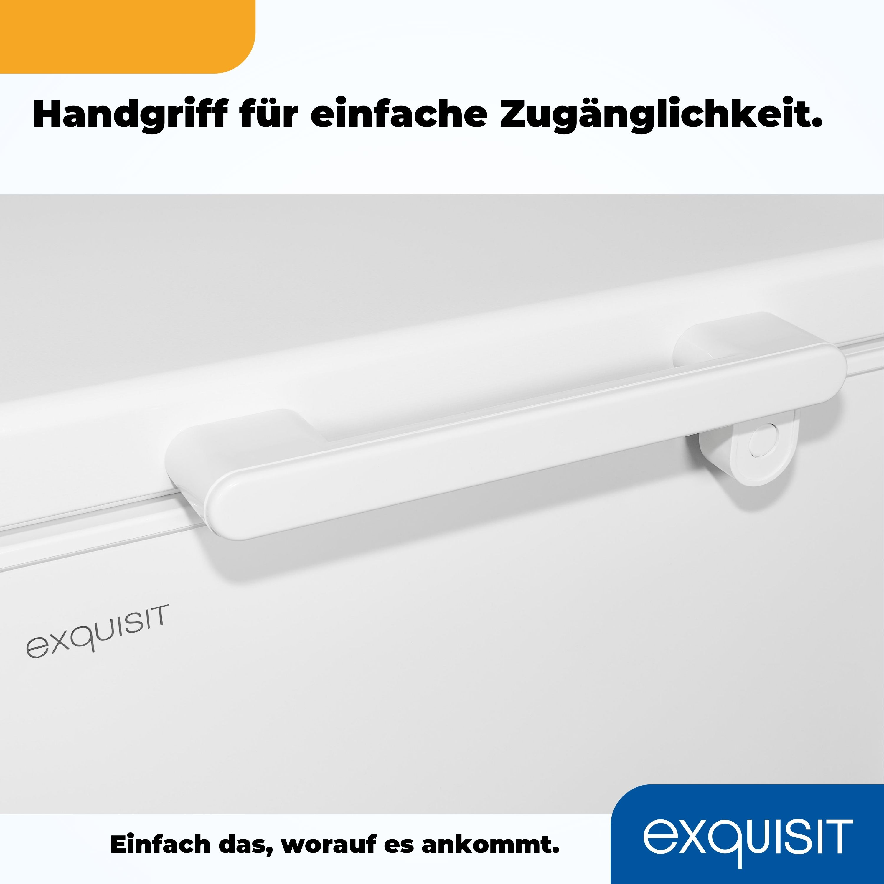 Eine weiße Kühlschranktür mit einem weißen Griff mit der Aufschrift 'exquisit'.