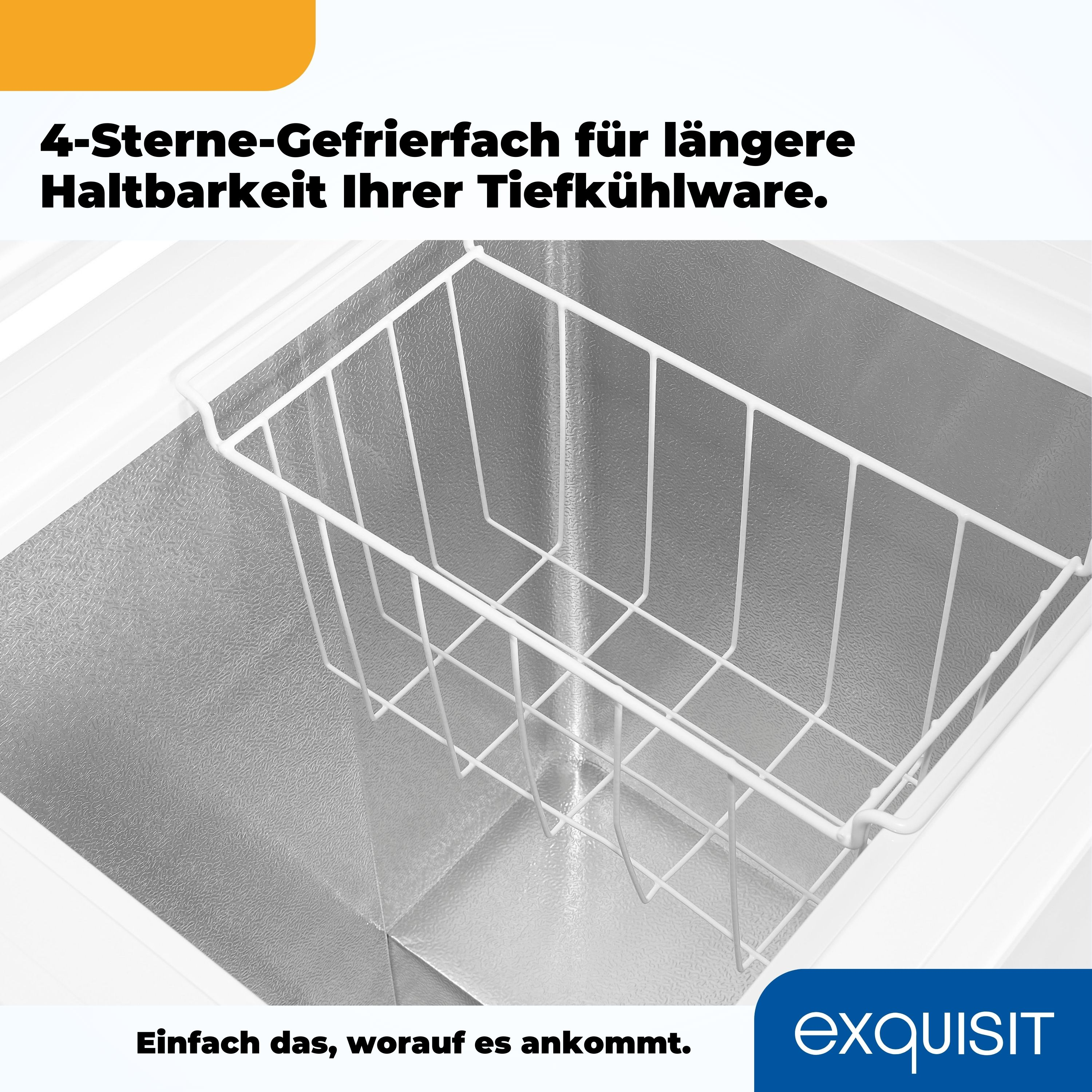 Gefrierfach-Innenraum mit einem Drahtkorb. Silberner Innenraum. Weißer Rahmen. Exquisit-Logo und -Text.