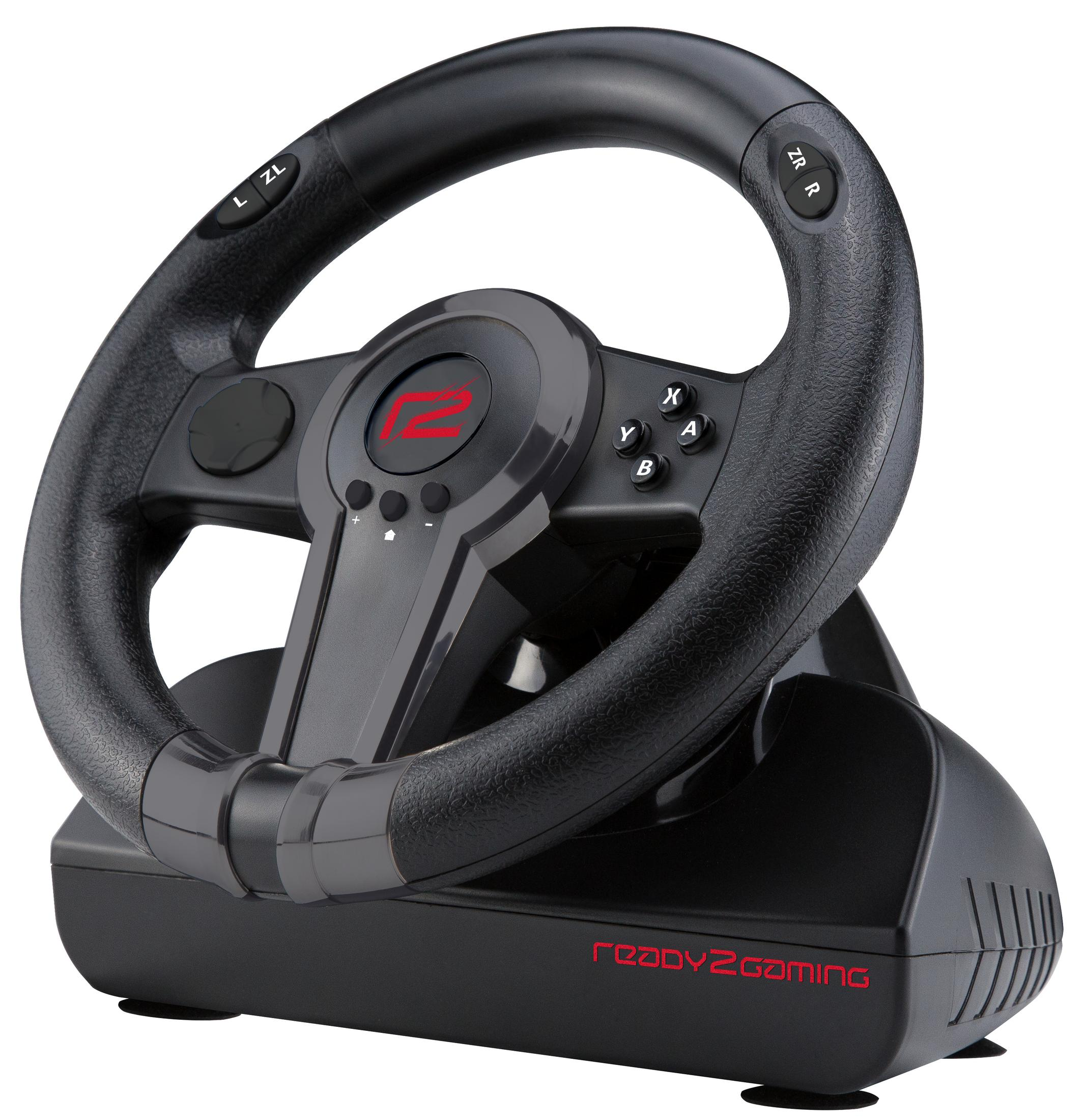 Schwarzes ready2gaming-Rennlenkrad mit Knöpfen und Basis. Das Lenkrad ist leicht angewinkelt.