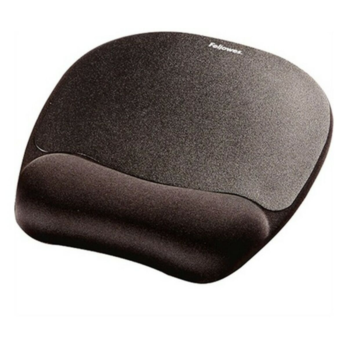 Czarna podkładka pod mysz Fellowes z podpórką pod nadgarstek. Znajduje się na białym tle.