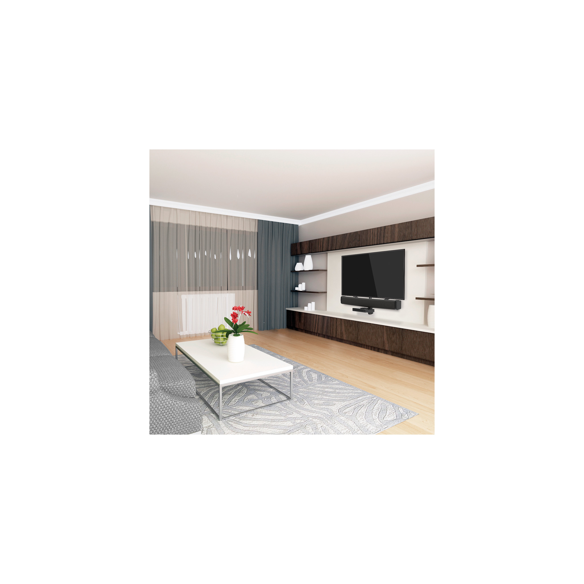 Woonkamer met witte tafel, tv aan de muur, planken en een grijs tapijt.