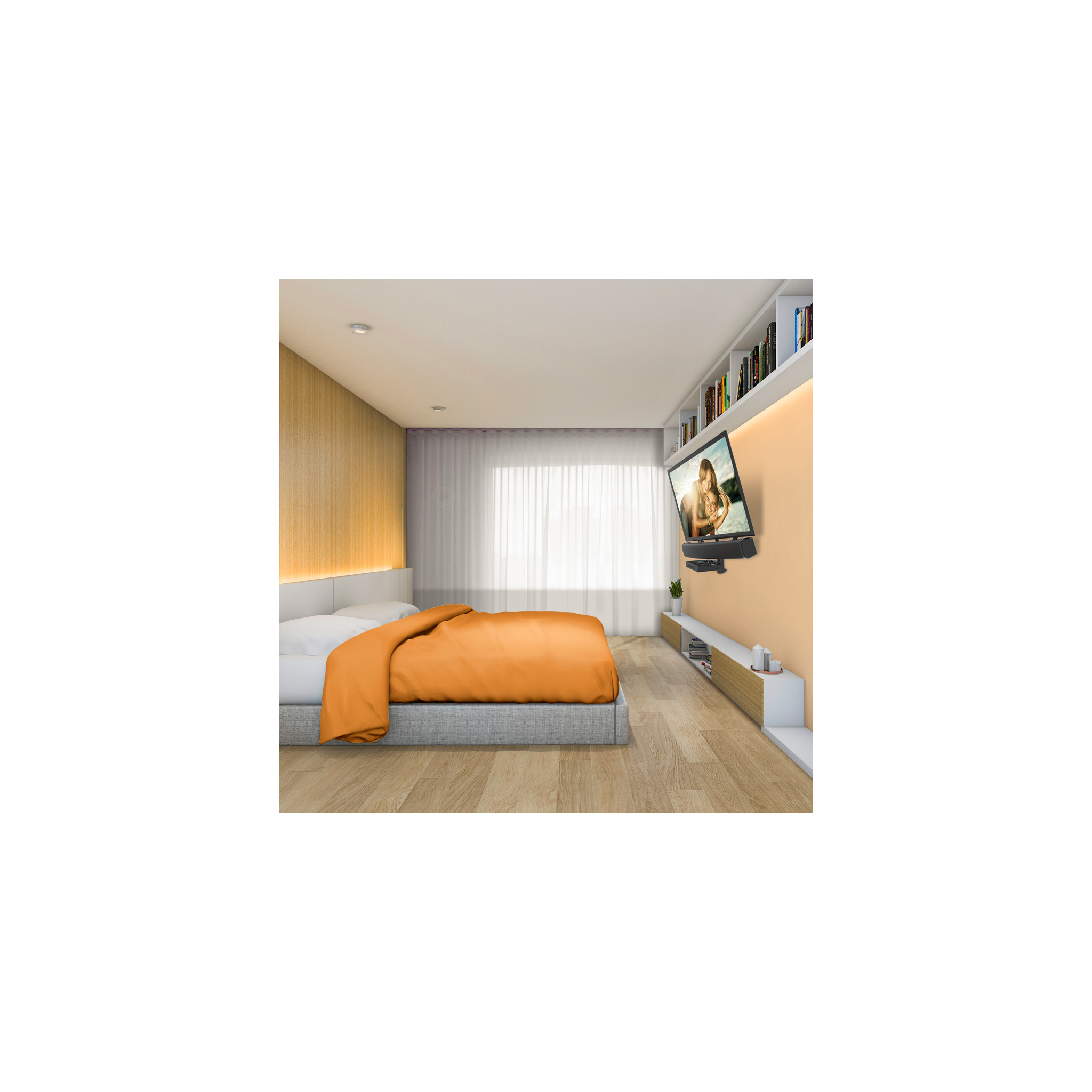 Slaapkamer met bed, oranje deken, tv aan de muur en witte planken.