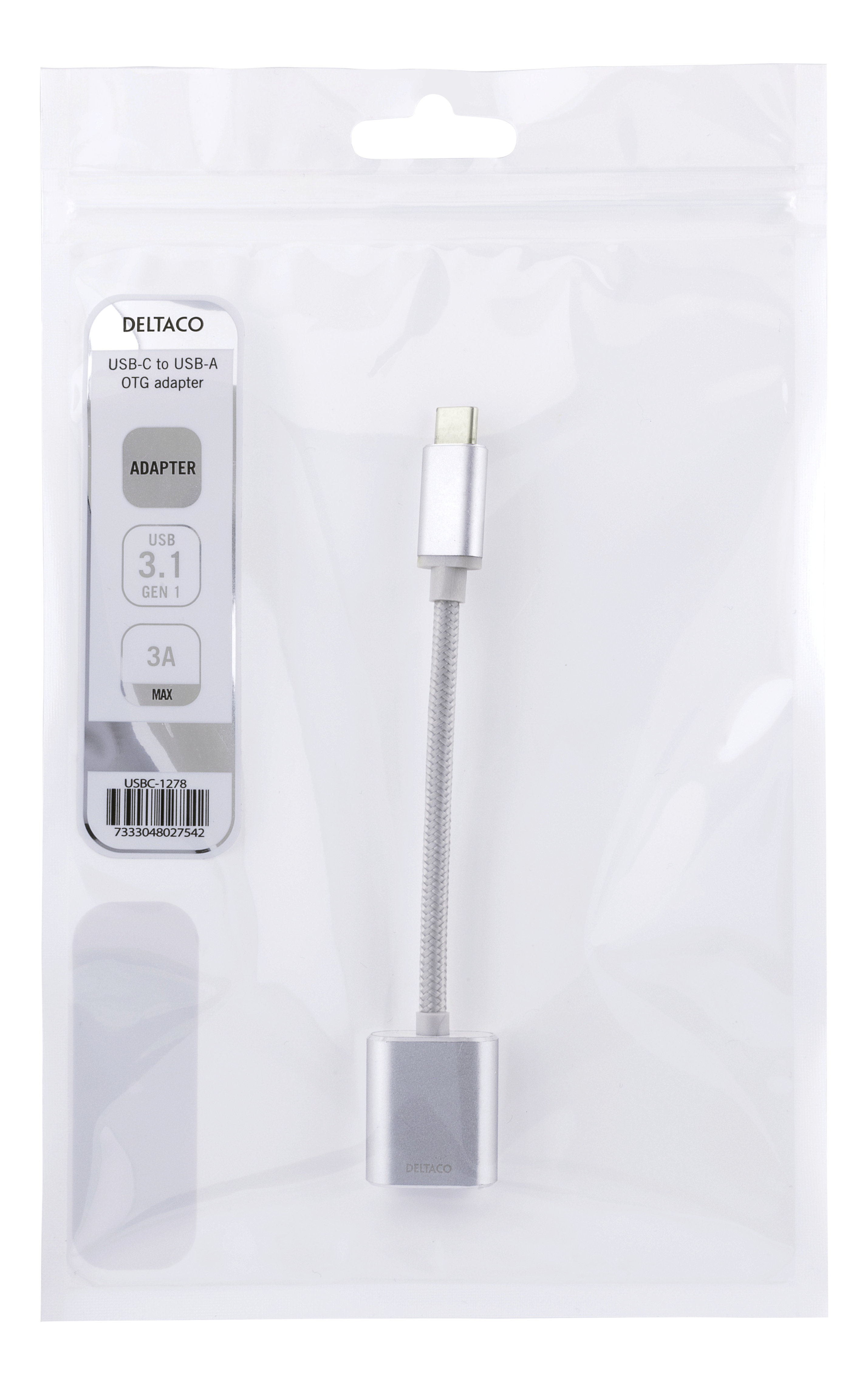 Un adattatore USB-C a USB-A OTG in una confezione di plastica trasparente, colore argento.