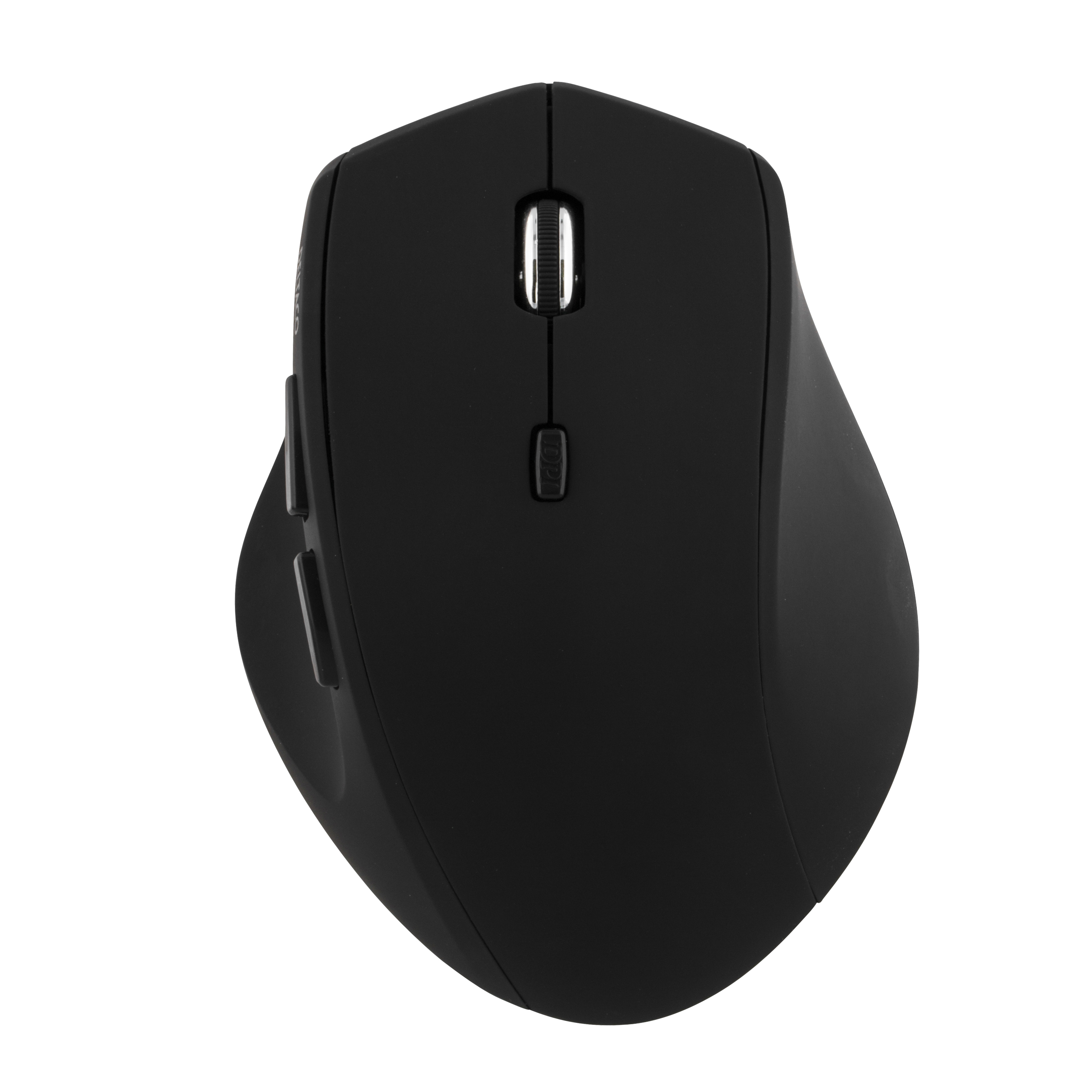 Souris ergonomique noire avec boutons latéraux et molette, vue de dessus.