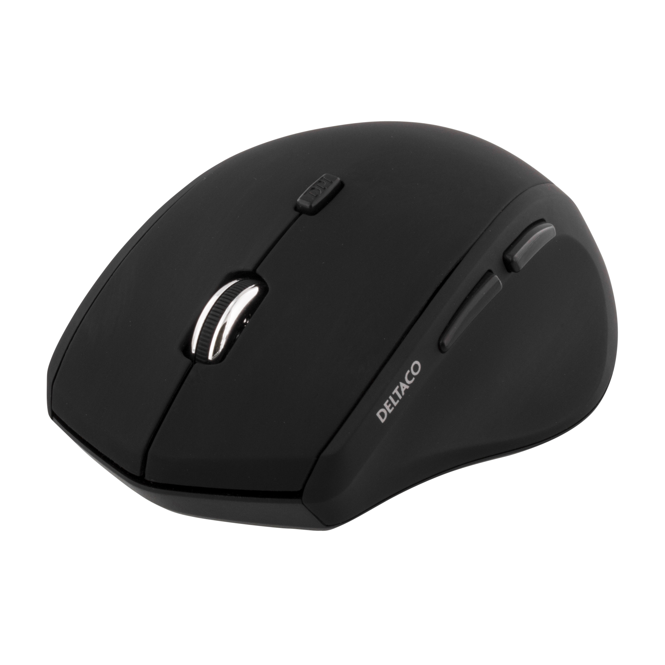 Souris d'ordinateur noire avec molette de défilement et boutons latéraux.